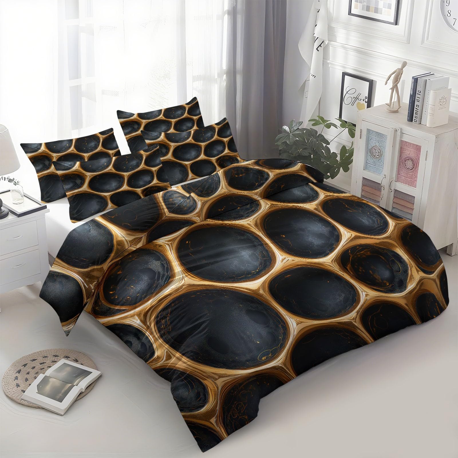2-osobowy komplet pościeli 200 x 200 cm czarny, pojedynczy metalowy wzór plastra miodu, super miękka poszwa na kołdrę z mikrofibry nadruk 3D o wysokiej rozdzielczości, z zamkiem błyskawicznym i 2