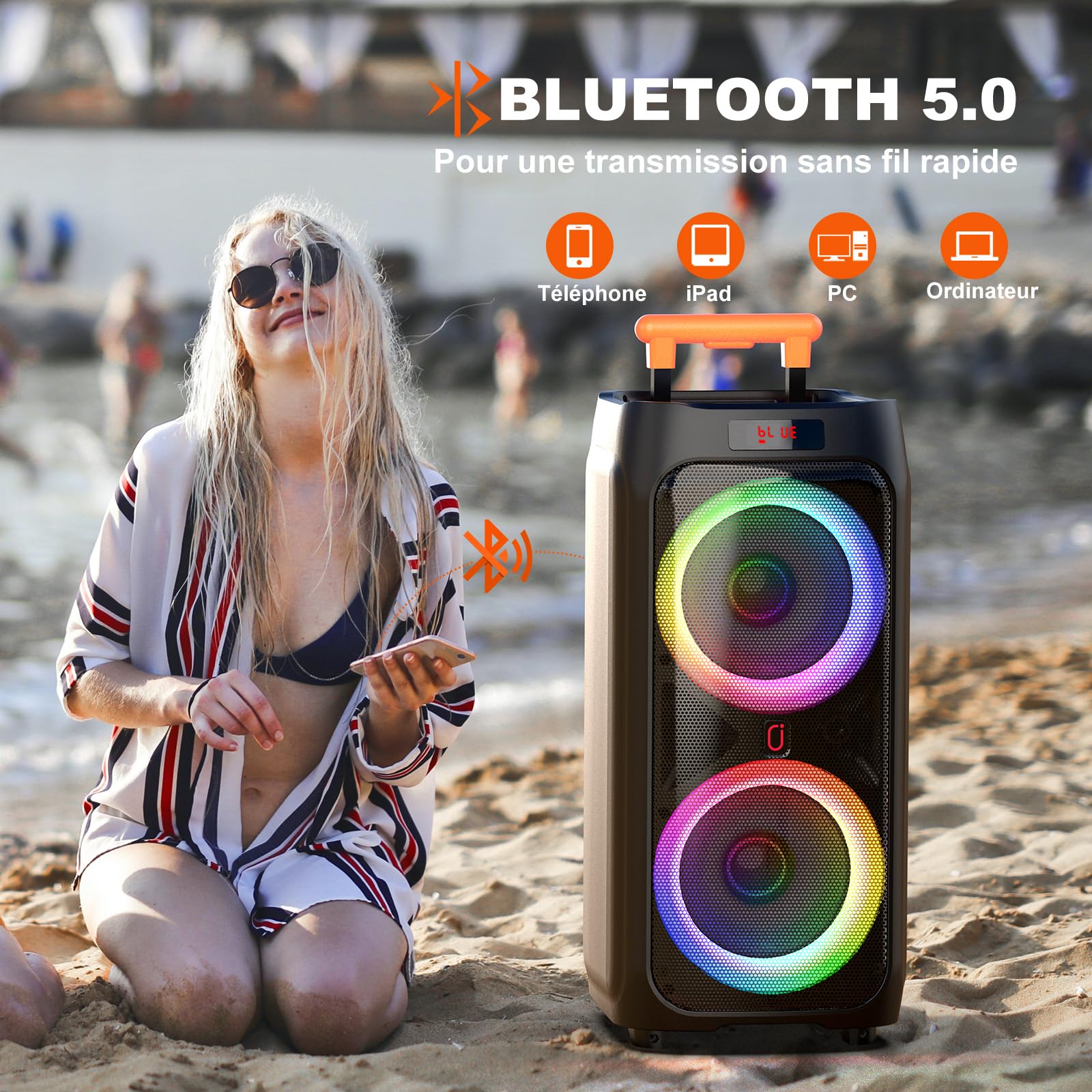 HWWR Machine Karaoke Adultes 2 Micro sans Fil, Puissance Max 500W Enceinte Bluetooth 5.3 Puissante avec Subwoofer 8", Système PA avec Lumières DJ, Idéal pour Les Fêtes en Plein Air