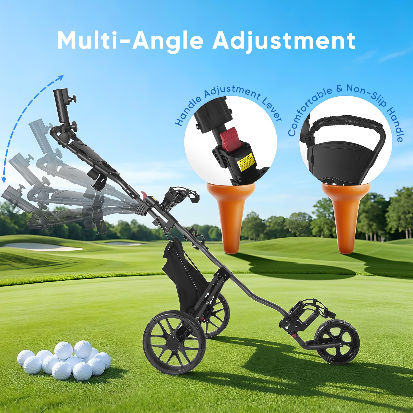 Golfwagen Klappbar 3 Räder, Golf Trolley Leicht mit Fußbremse, zusammenklappbarer Golf Caddy mit Eva Rollen, Kühltasche & Schirmhalter, für Jede Golftasche