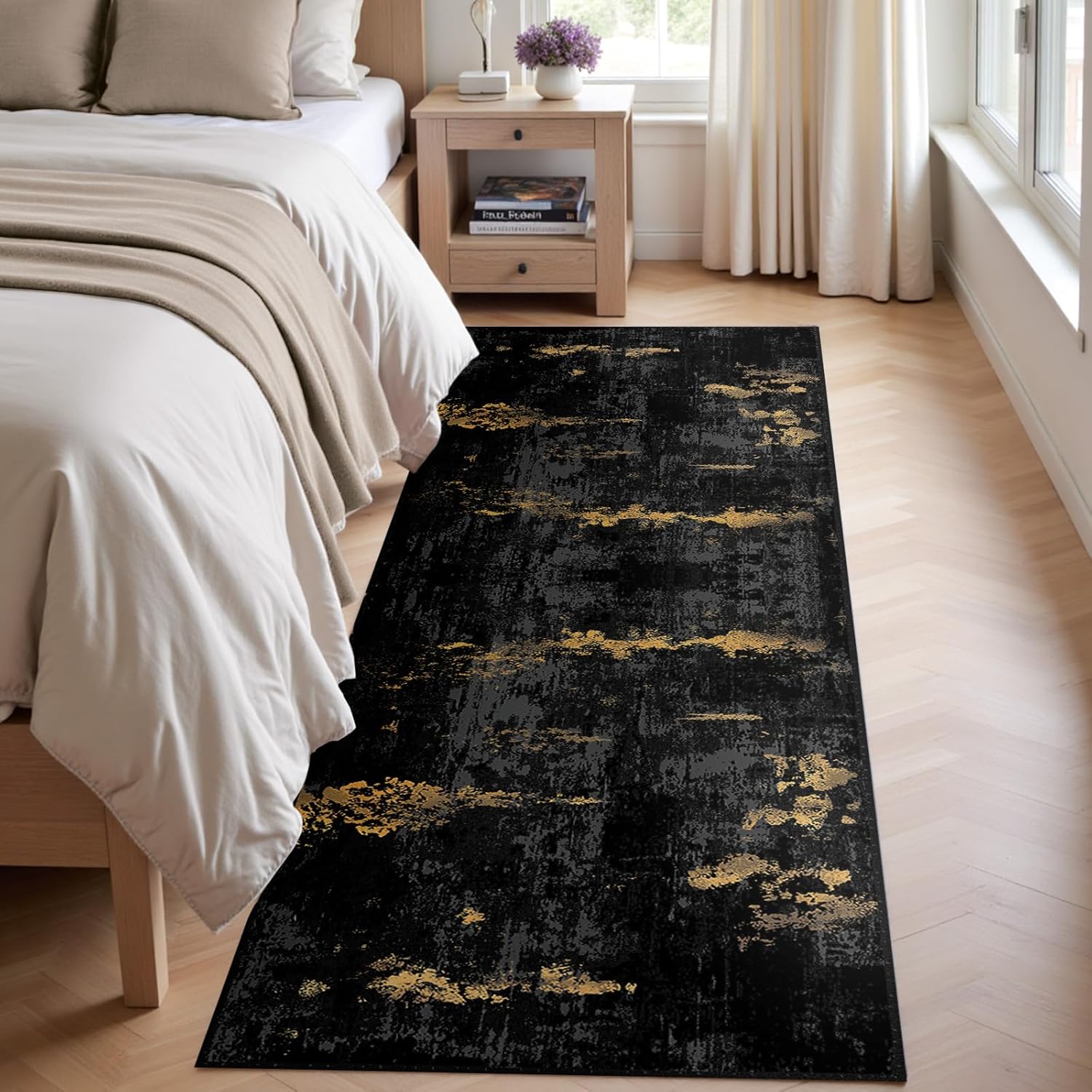 RELEANY Washable Area Rugs 2'x6' Non-Slip Modern Abstract Soft for Living Room Entryway Bedroom Nursery, Print Pattern, Dark Black Gold