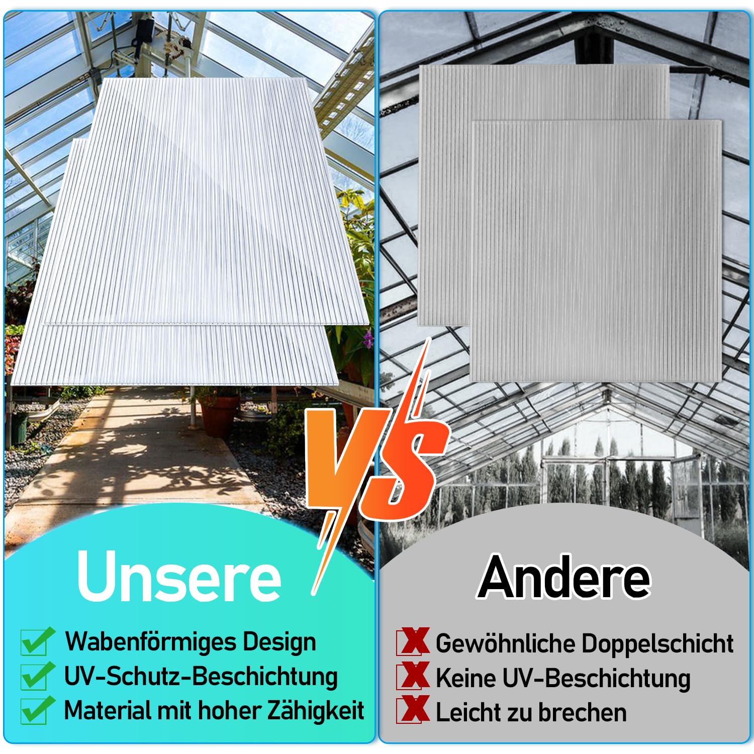 Vigevee 5 x polycarbonaat holle kamerplaten, 8 mm, dubbelwandige plaat, polycarbonaat, 60,5 x 121 cm, 3,66 m², uv-bestendig, voor broeikas, tuin, broeikas, reserveplaten