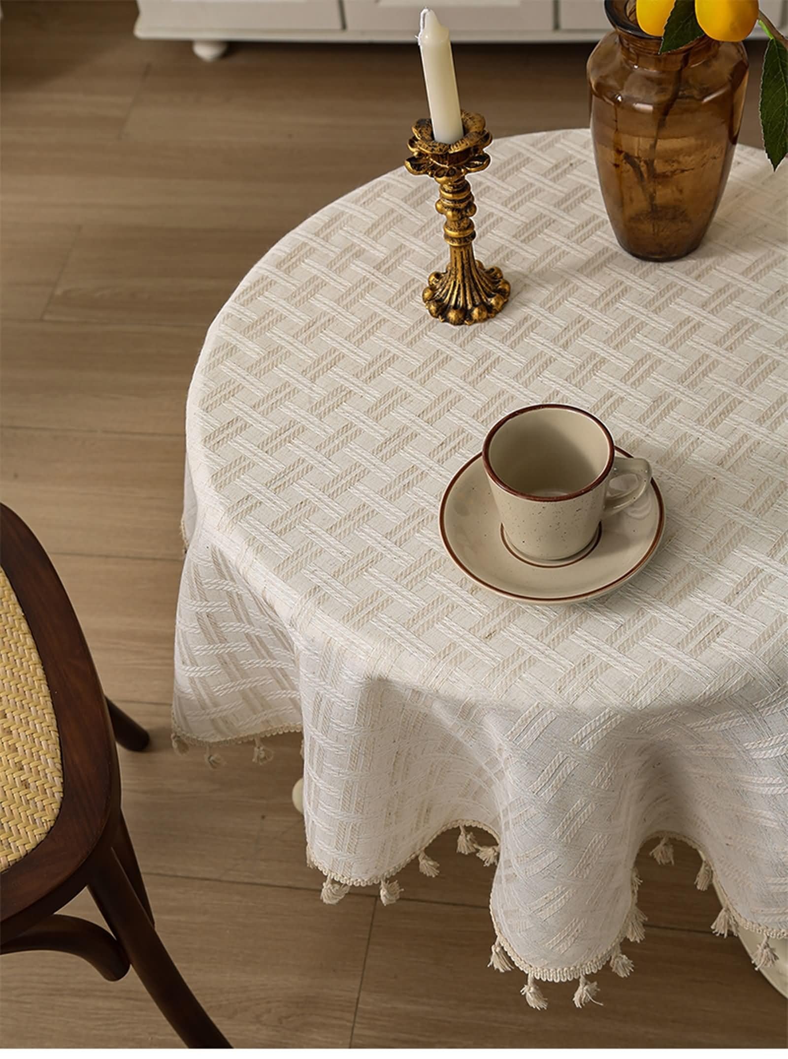 Manteles Comedor, 140 x 260 cm, Beige, Rectangular, Mantel Poliéster Color Liso con Borlas