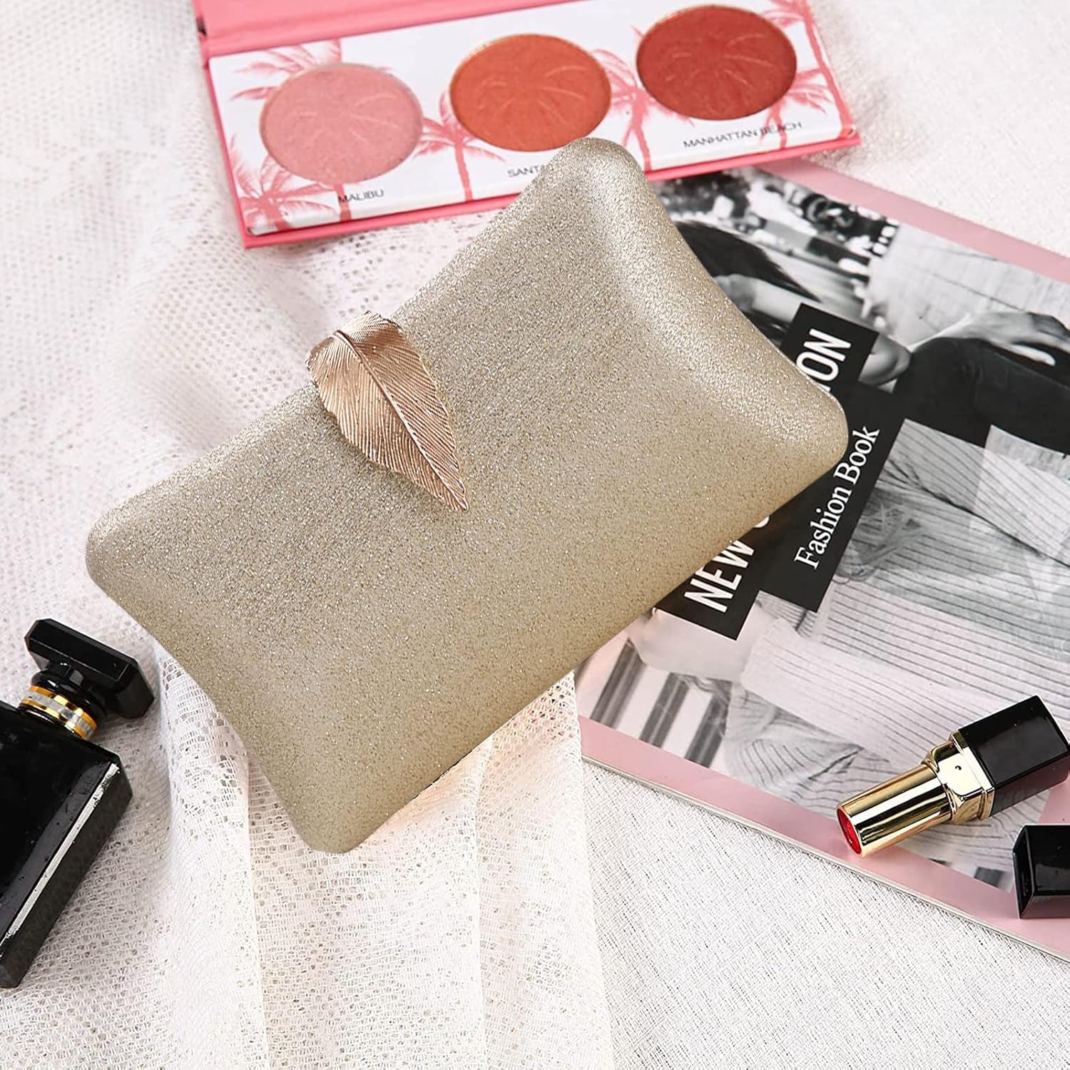 CORIOS Women's Evening Bag Clutch Purse Sparkly Sequin Glitter Handbag Bridal Wedding Shoulder Bag Crossbody Bag with Leaf-style Flip Lock Messenger Bag for Wedding Cocktail Party Prom Gold