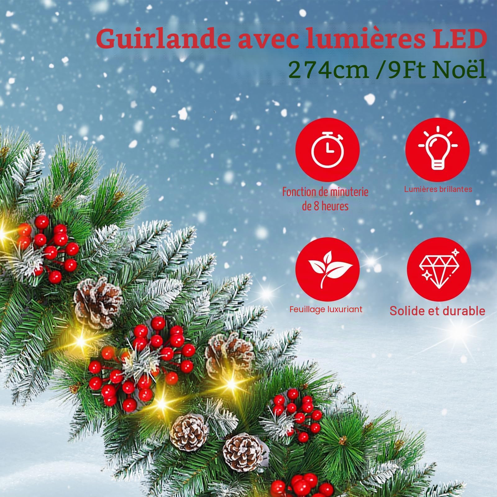 Guirlande de Noël avec éclairage 30 LED - 2,7 m - Guirlande de sapin avec éclairage de fleurs et boules - Décoration de Noël en rotin - Pour escaliers, intérieur et extérieur