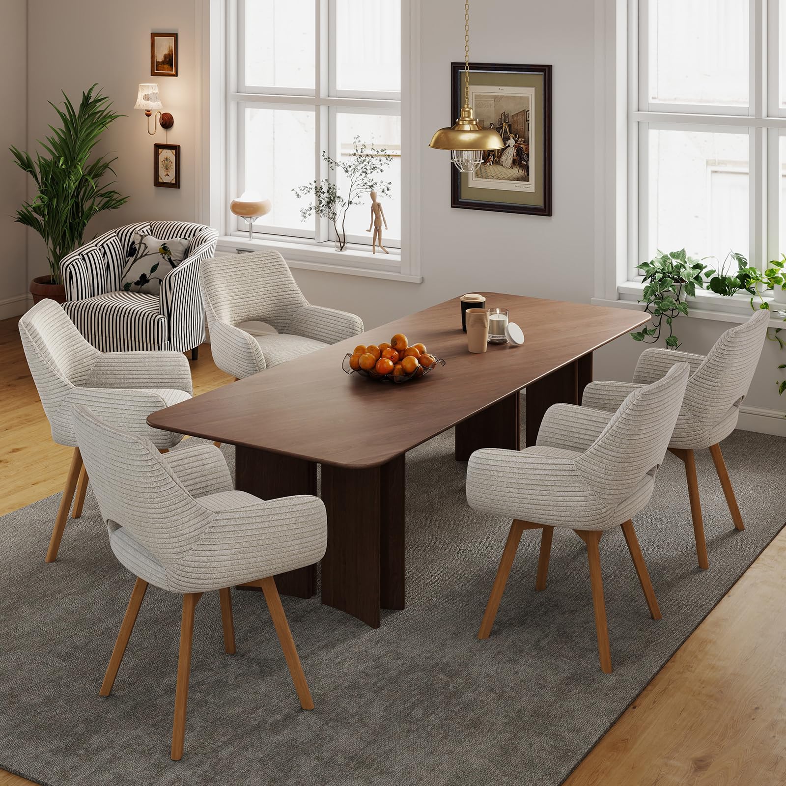 JIJIAN 6er Set 360° Drehbare Esszimmerstühle mit Armlehnen, Taupe | Drehbar Stühle Esszimmer mit Holzbeinen, Moderner Küchenstuhl aus Cord, Polsterstuhl für Esszimmer, Küche, Wohnzimmer