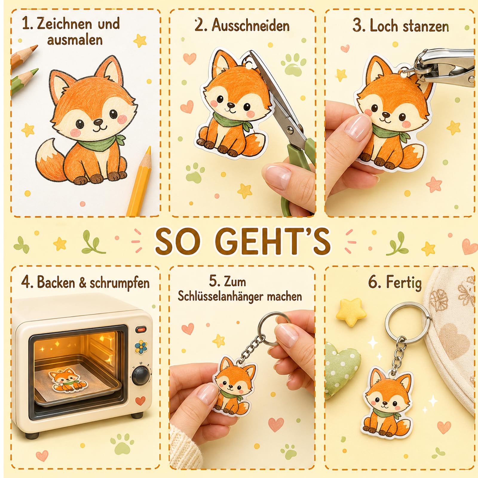 61 Teile Schrumpfpapier Set, Schrumpffolie Set Schlüsselanhänger, DIY Kreativset für Bastelprojekte, Komplettes Set mit 6 mm Lochstanzer und Zubehör für persönliche Accessoires
