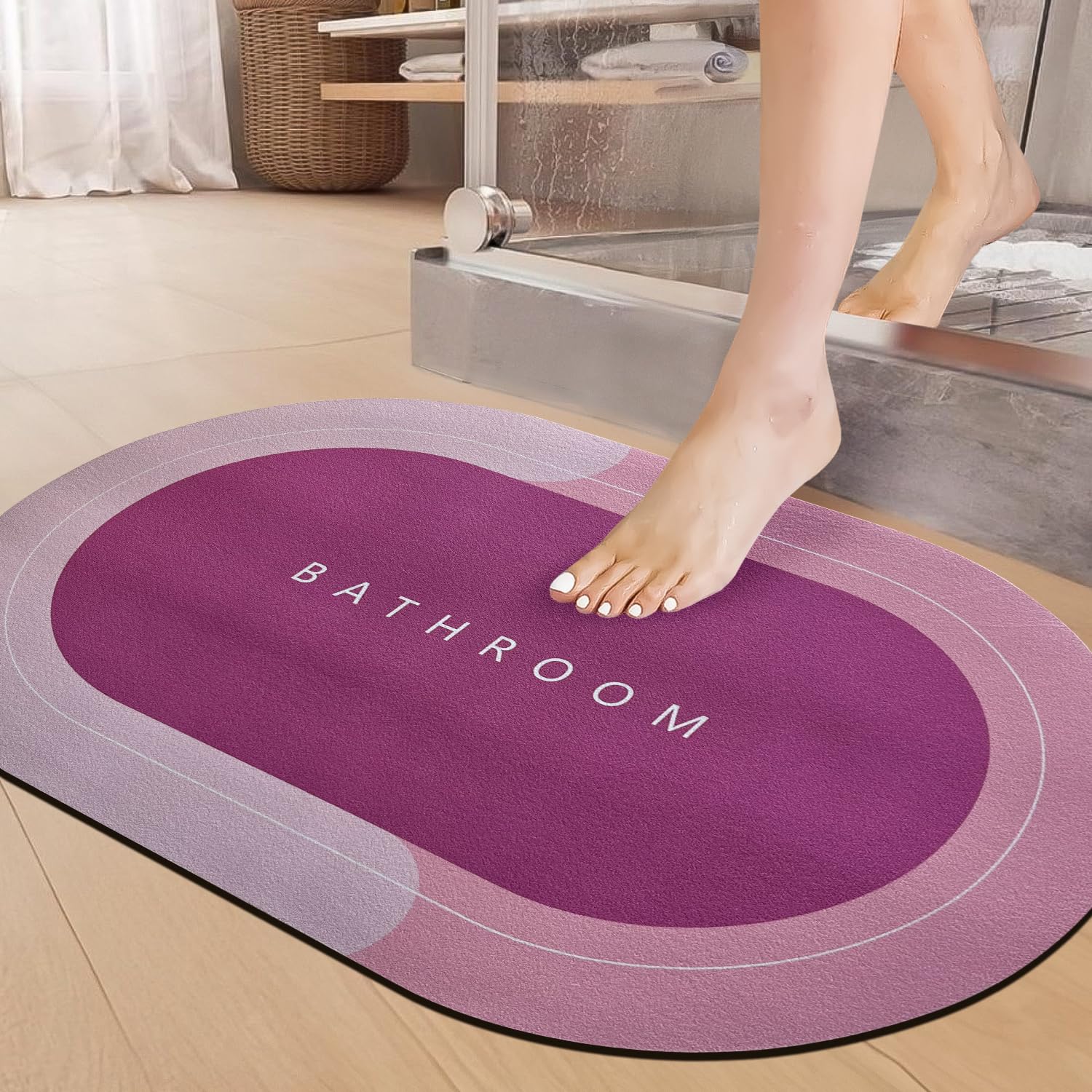SITTELLA Rubber 1 Piece 3.5Mm Anti-Skid Water Soaking Bathroom Print Door, Oval Floor Bath Mat, Soft Quick Dry Water Absorbent Mat For Home Office 40X60Cm-Pink
