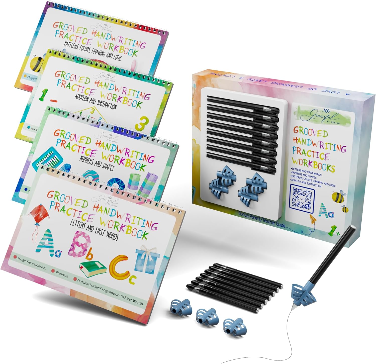 Grooved Handwriting Practice Books for Kids 3-7 | Reusable Letter Tracing with Mess-Free Disappearing Ink | Teacher-Designed | Magic Grooved Writing Practice Books | Full Set