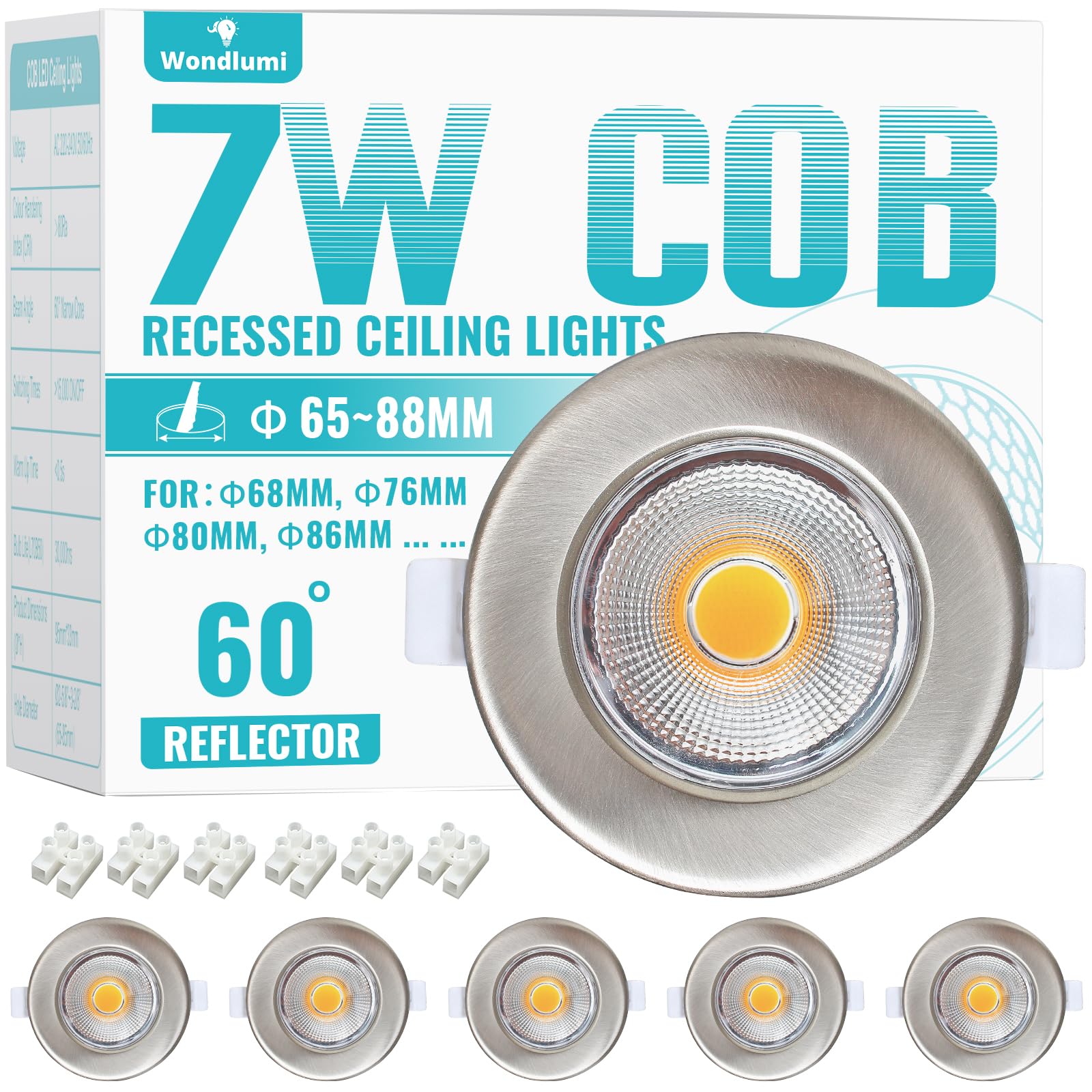 Wondlumi 6X LED Downlights for Ceiling 7W COB Ultra Slim Recessed Ceiling Lights Warm White 3000K, 240V 600lm Round Chrome LED Spot Light for Bathroom, Living Room, Bedroom, Cutout Ø65-88mm — image 1