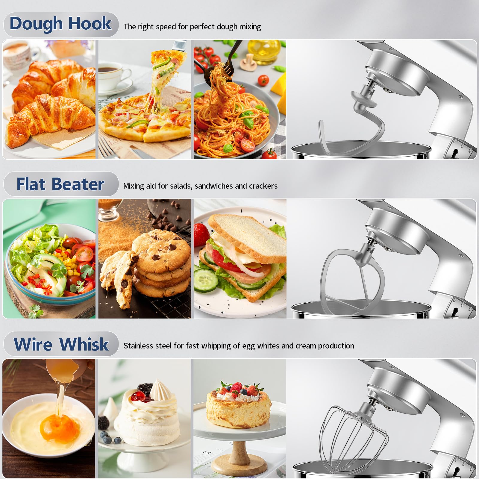 Vezzio Impastatrice Planetaria, 4.5L Robot da Cucina Multifunzione, 10 Velocità Leggero Impastatrice Pizza con Uncino Impastatore, Mescolatore, Frusta Sbattitric(Argento)
