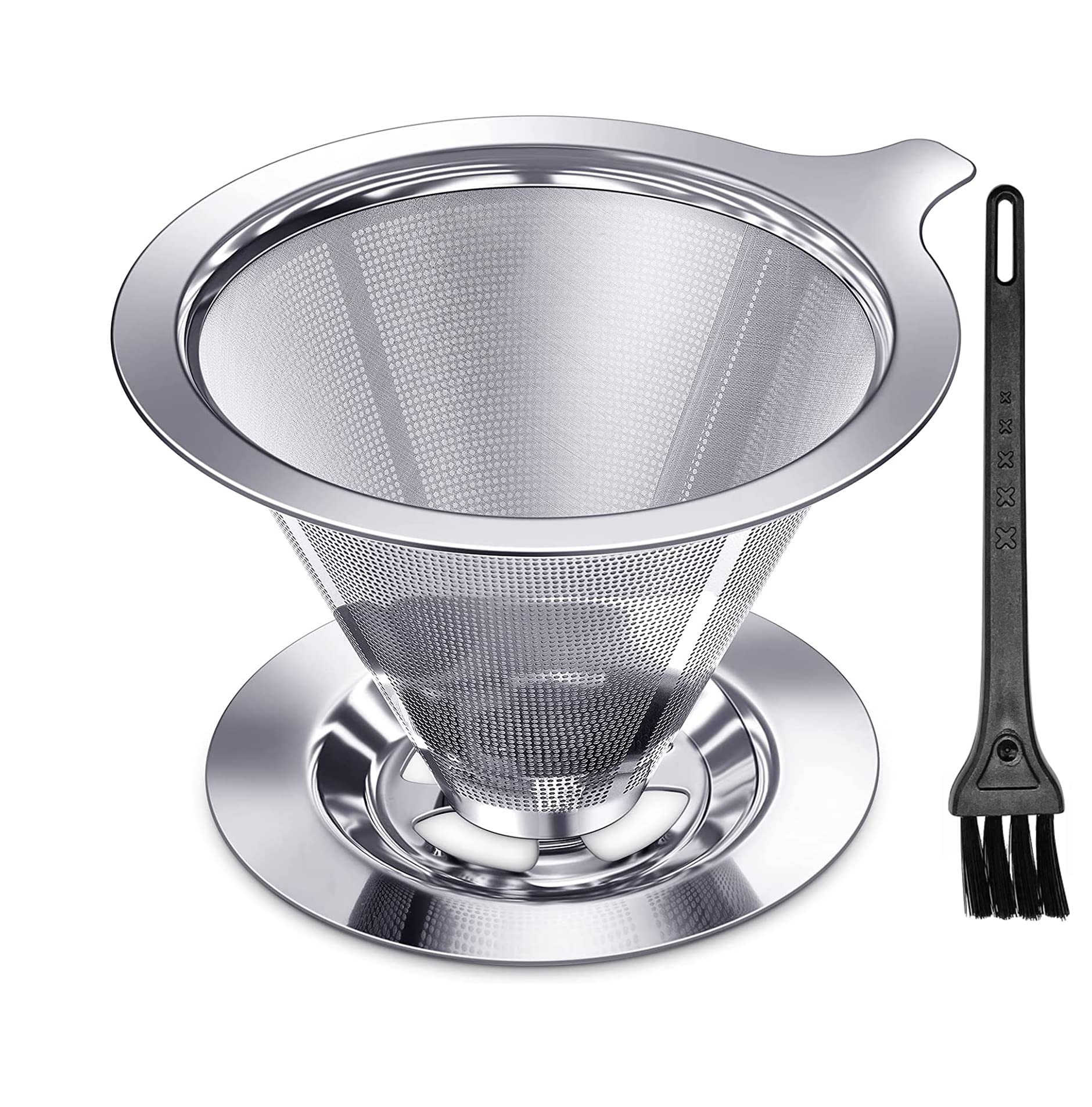 HASTHIP® Pour Over Coffee Dripper-Stainless Steel Reusable Drip Cone Coffee Filter-Paperless Metal Fine Mesh Strainer Coffee Brewer-Coffee Maker 1-6 Cup With Non-slip Cup Stand and Cleaning Brush