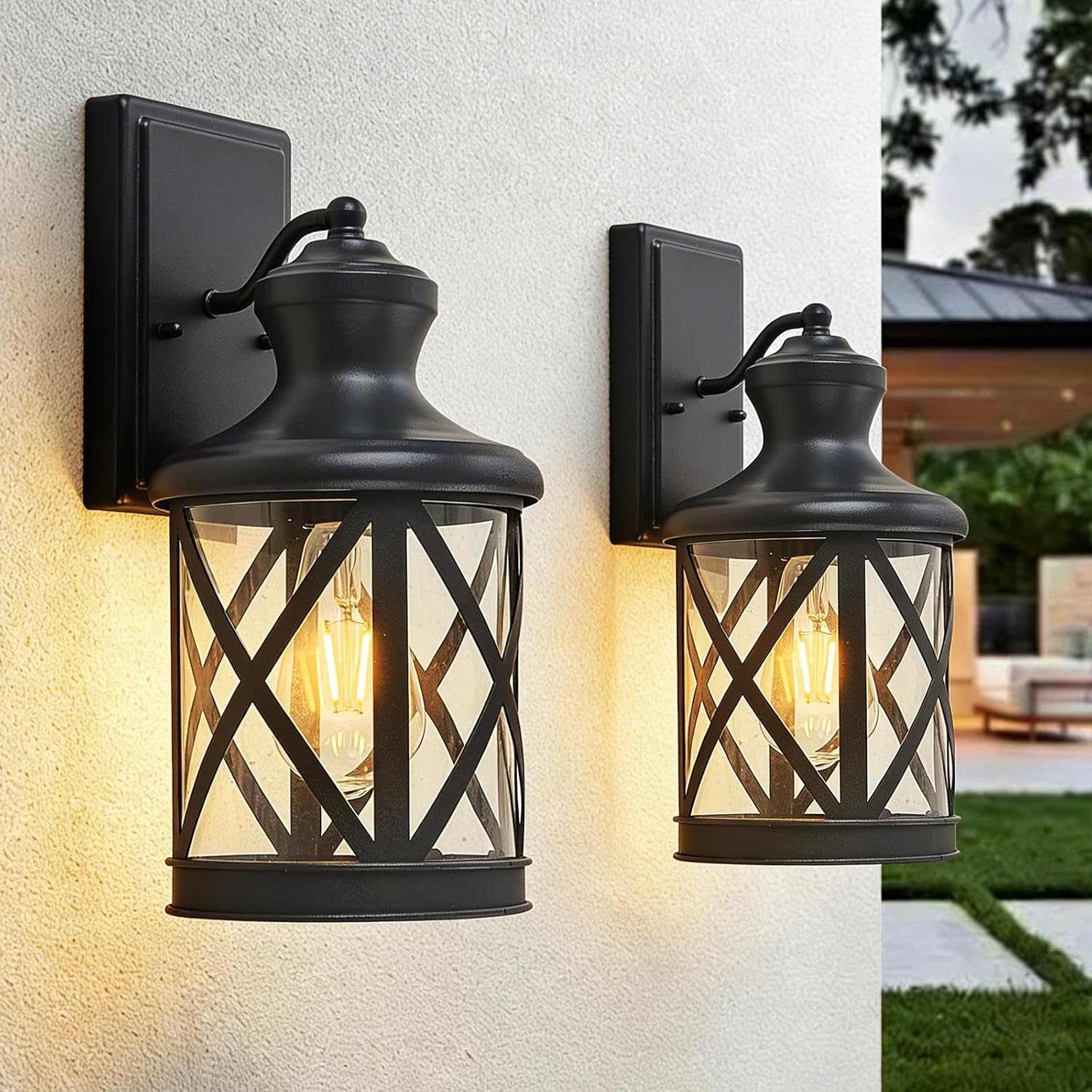 2-Pack Classic Outdoor Wall Light Fixtures, Waterproof Wall Sconces, Exterior Wall Sconces Lighting with E26 Sockets and Glass Shade, Outside Lighting for Patio Front Door Entryway Garage