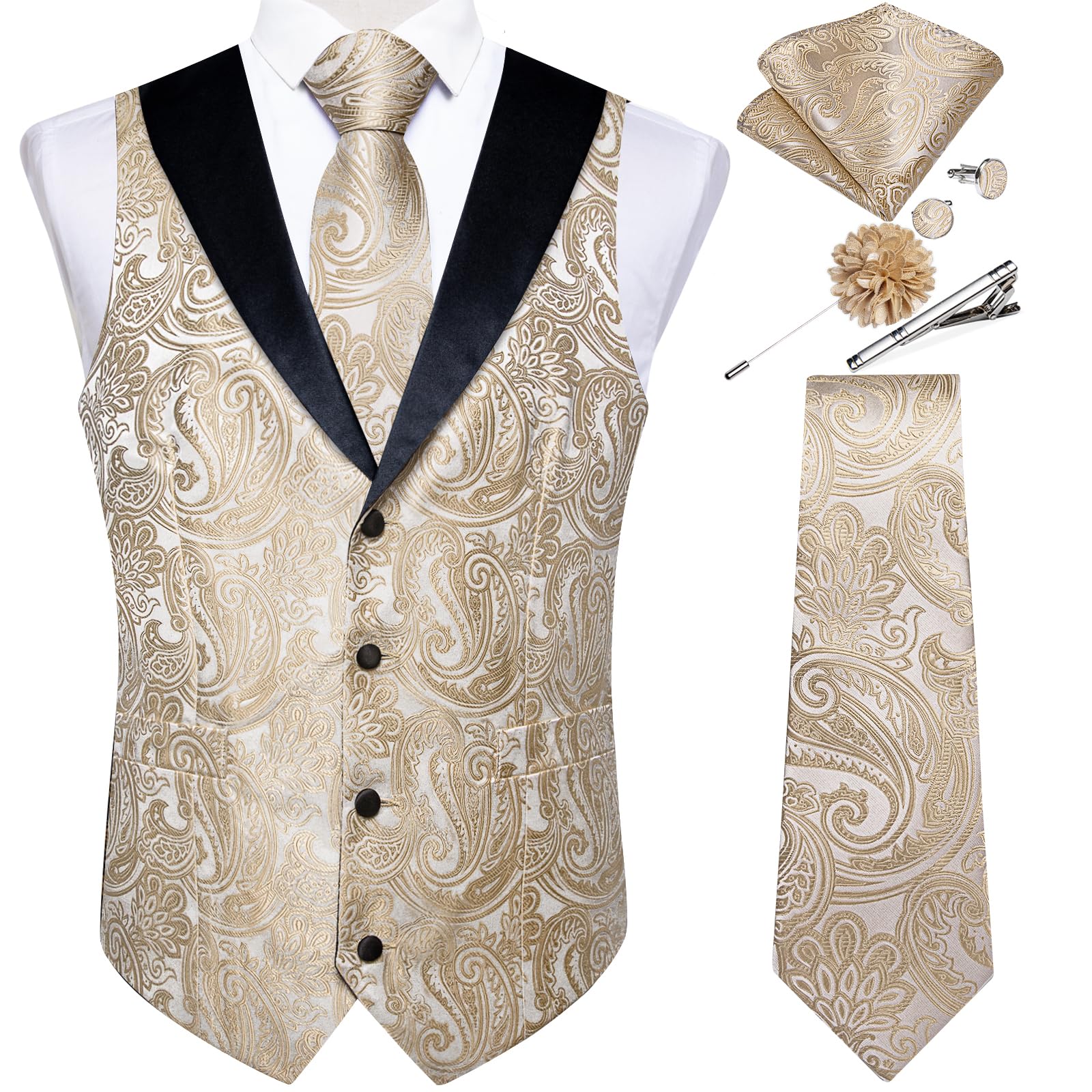 DiBanGu Mens Paisley Suit Vest Silk Jacquard Waistcoat and Necktie Set Formal Shawl Collar Dress Vest 7PCS for Wedding Party