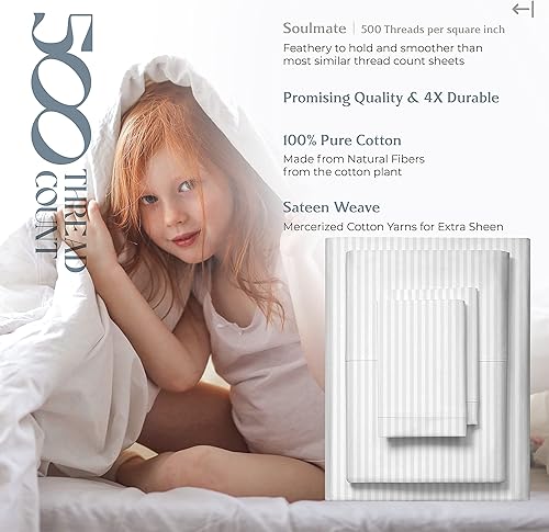 Miniatura 6 de Mayfair Linen Juego de sábanas de 100 % algodón a rayas, tamaño individual, sábanas de damasco de 500 hilos, tamaño individual, juego de 3 piezas