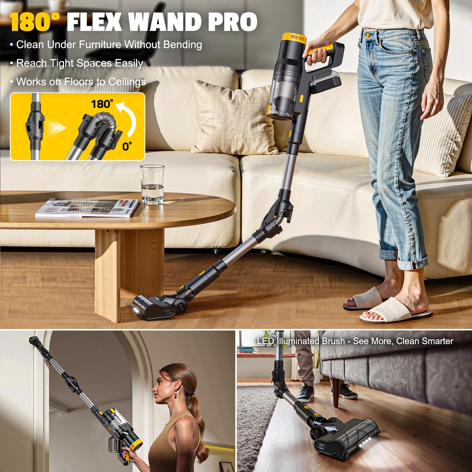 Bezprzewodowy odkurzacz 350 W do baterii DeWALT 20 V (bez baterii), 40 kPA samoczynnie stojący odkurzacz z ekranem dotykowym, podwójny kubek na kurz, giętki odkurzacz różdżkowy 180°, do domu, na