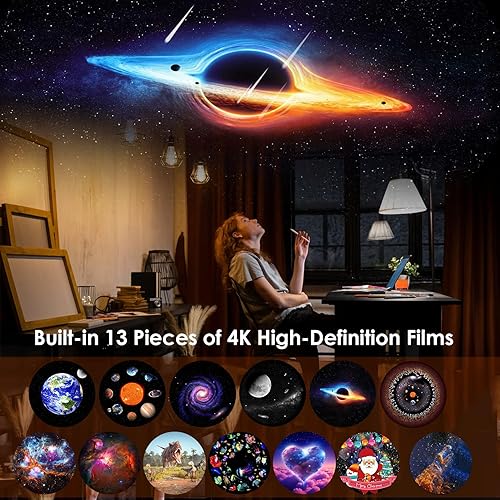 Miniatura 2 de Proyector de galaxia para dormitorio, proyector de estrellas de planetario con 13 discos Galaxy reemplazables 4K, imagen HD, gran área de