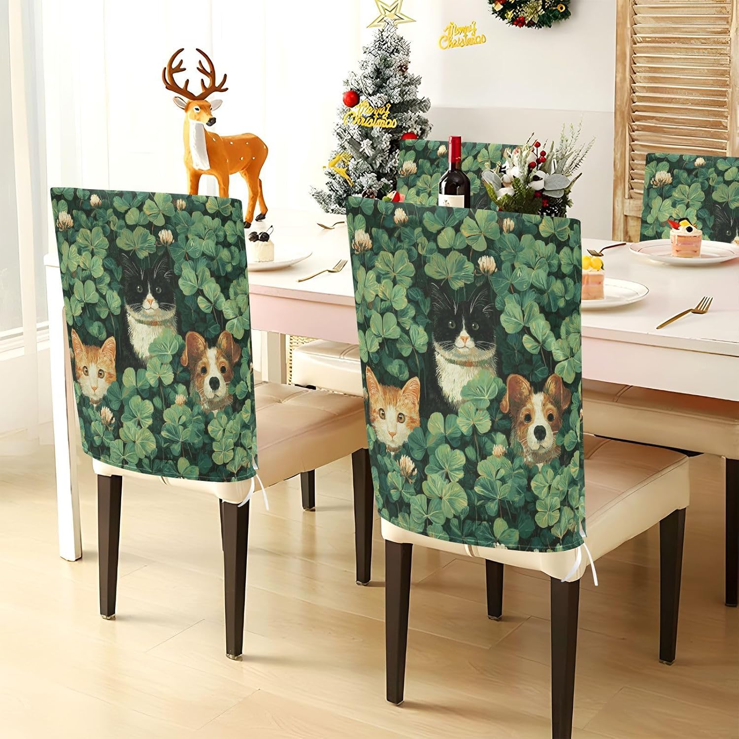 ALAZA St Patrick's Day Cats Dogs Clovers Chair Back Cover Set of 6, Washable Reusable Removable Chair Slipcovers Decorative Chair Cover for Home Kitchen Wedding Party