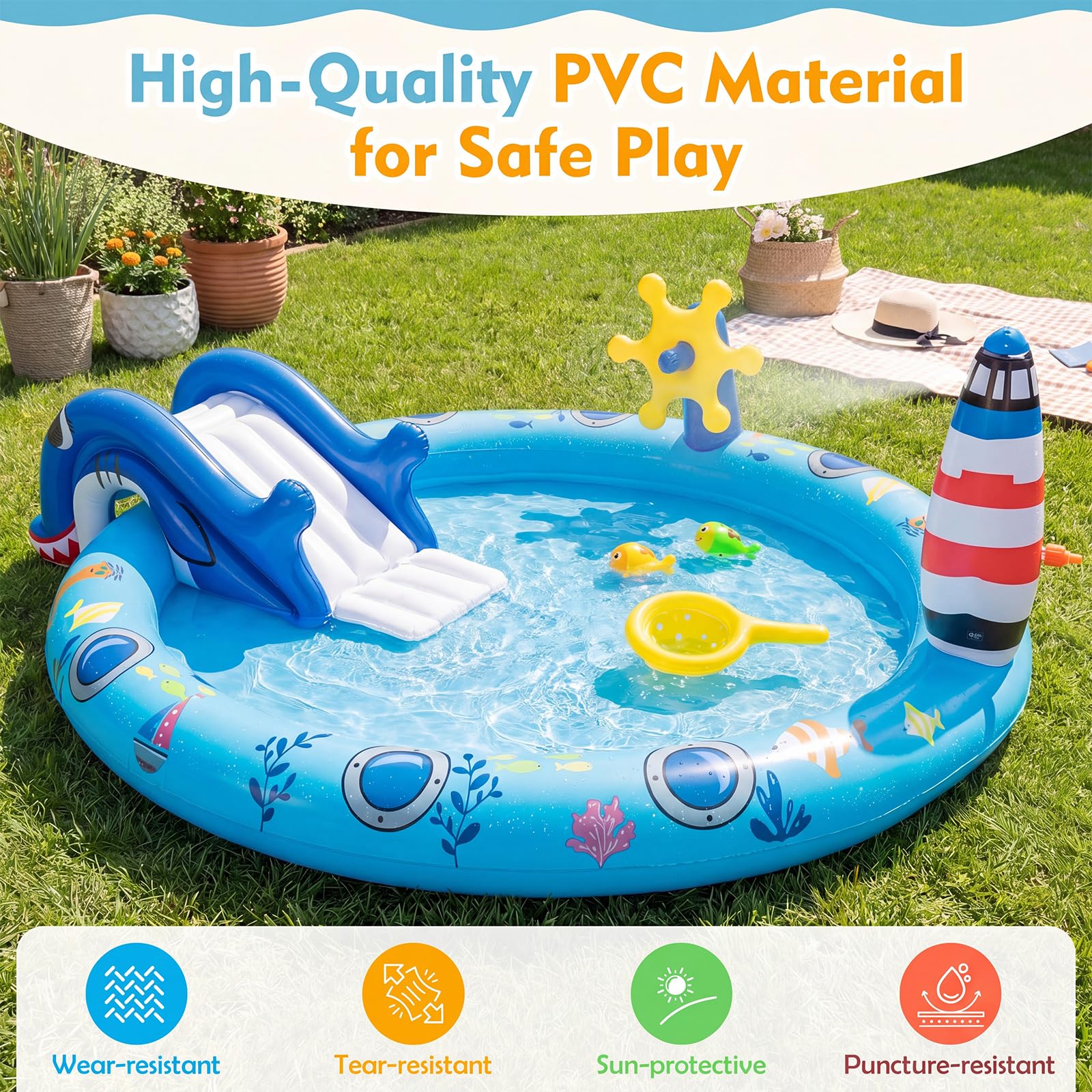 HOMASIS Piscina Gonfiabile per Bambini 2-6 Anni, Piscinetta con Scivolo Sicuro, Spruzzo a Faro e Giocattoli, Parco di Giochi in Vinile, Gonfiaggio Facile, per Cortile e Giardino, 188 x 153 x 63 cm