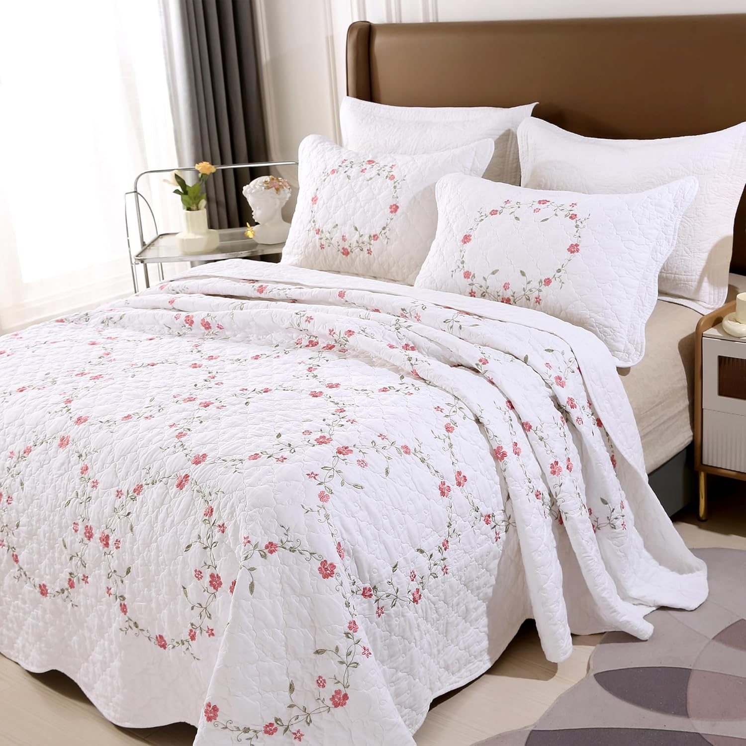 Quilt Set Circular Floral 3D Embroidery Pattern 3 PCS 100% Cotton Reversible Quilted Embroidered Decorative Bedspreads Coverlet Set, Lightweight &Soft King Size White Bedding Coverlet for All Season - Image 2