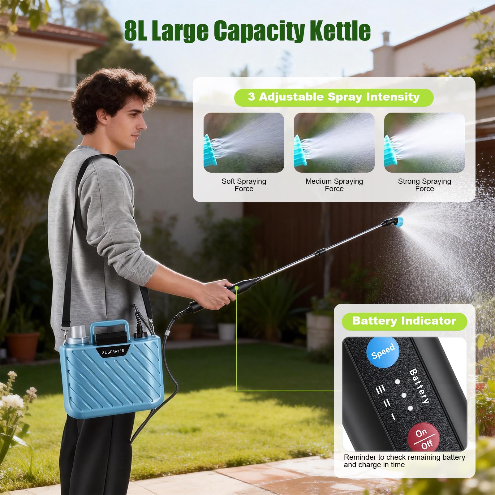 Spruzzatore a pressione da 8L, potente spruzzatore elettrico per piante da 7,4V con 3 ugelli e tracolla regolabile, impugnatura ricaricabile tramite USB e asta telescopica per diserbo e irrigazione