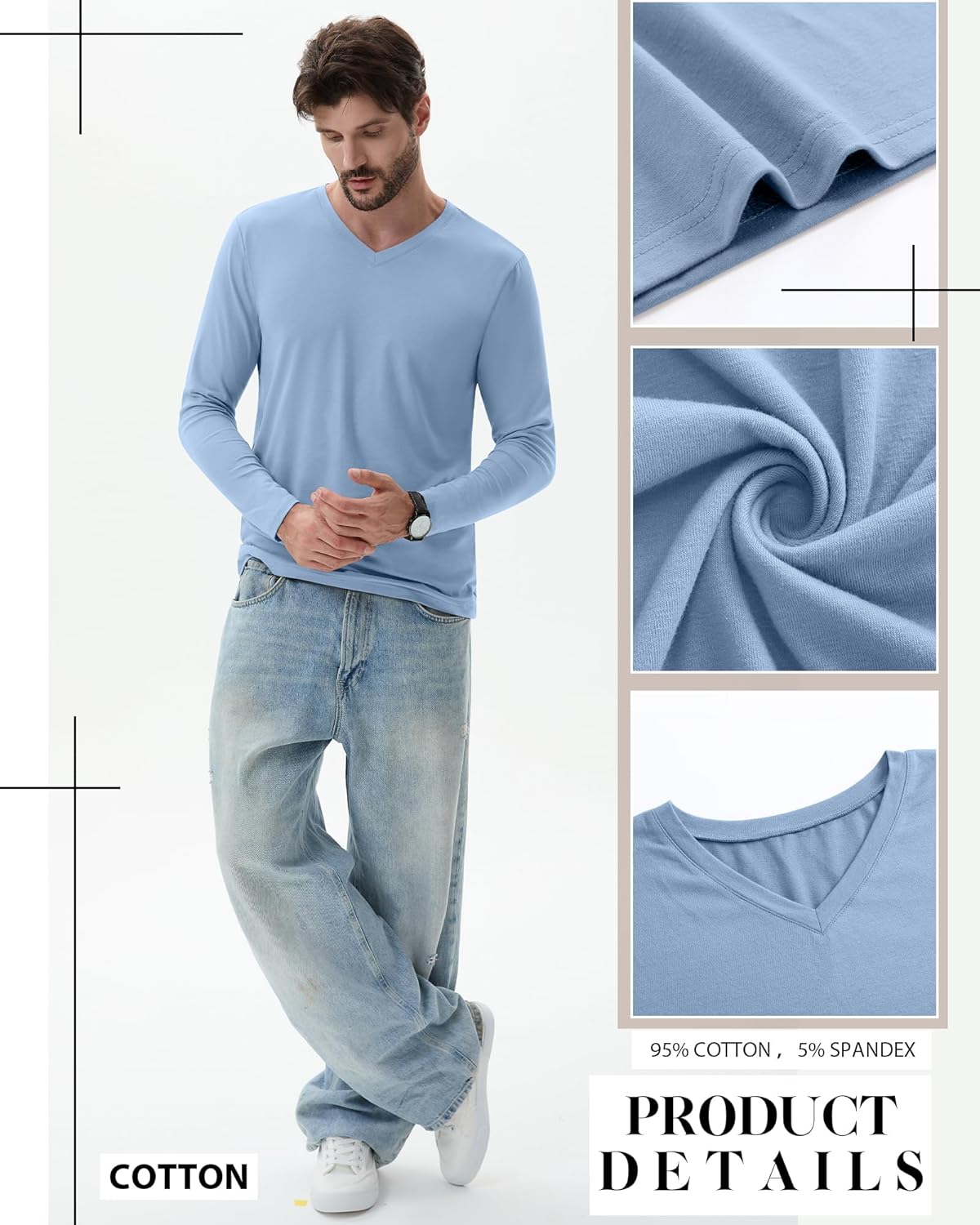 5 Pack Men's Big and Tall Shirts Cotton V Neck L-7xl Long Sleeve Loose Tops Winter Casual Basic Tee Multipack - Image 4