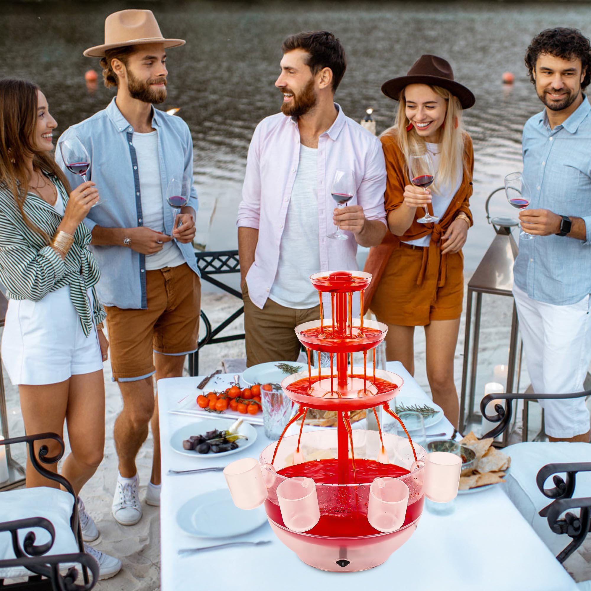 Fuente transparente de 3 niveles, fuente de bebidas de 4 l con base iluminada LED con 4 vasos reutilizables, fuente de fiesta vintage para zumos, vinos, cervezas