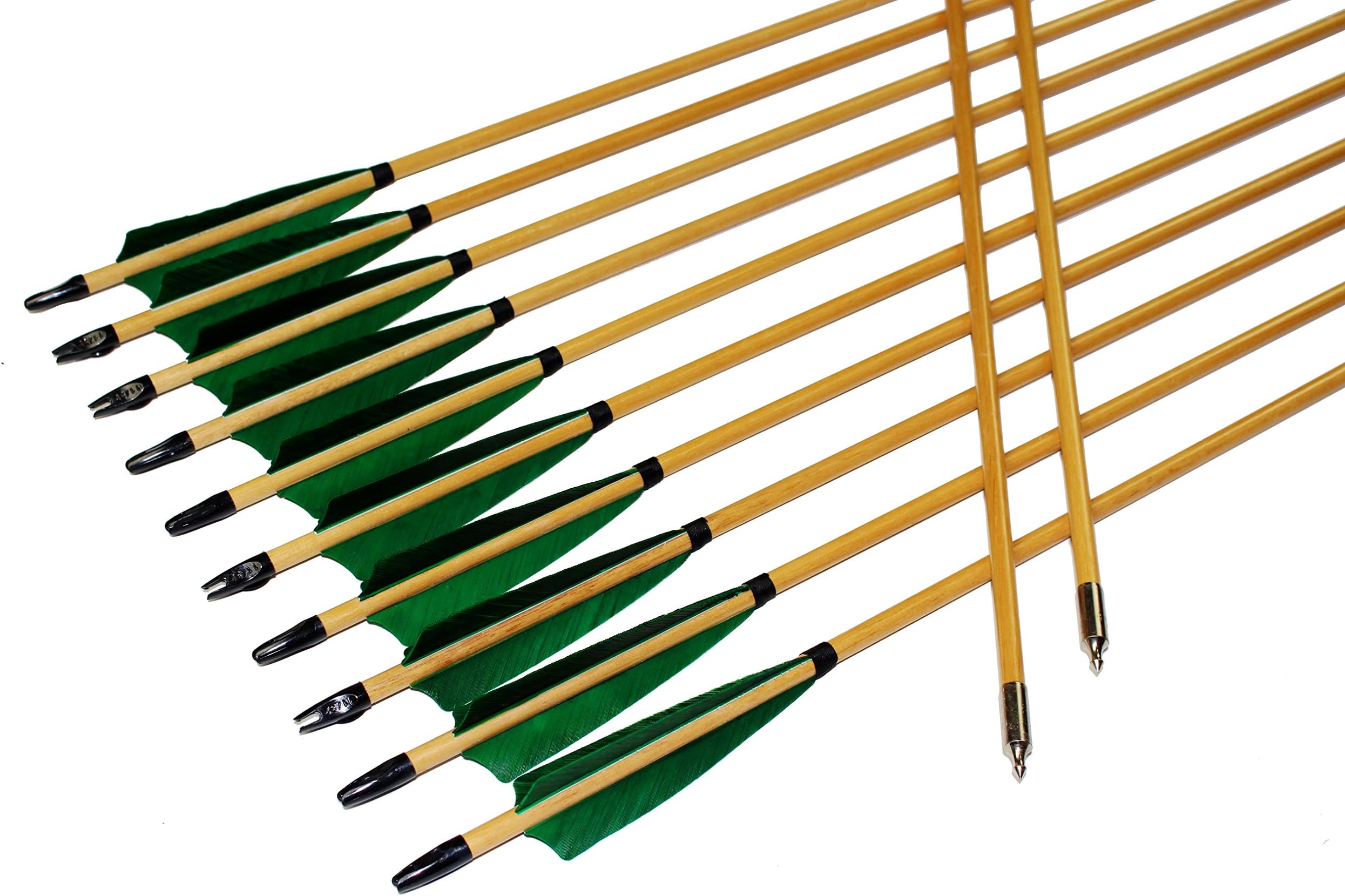 TTFLY FLETCHING 12PK 32 inch Traditional Wooden Arrows Handmade Shaft Green Shield Turkey Feather Practice Archery for Recurve Longbow Hunting Arrows
