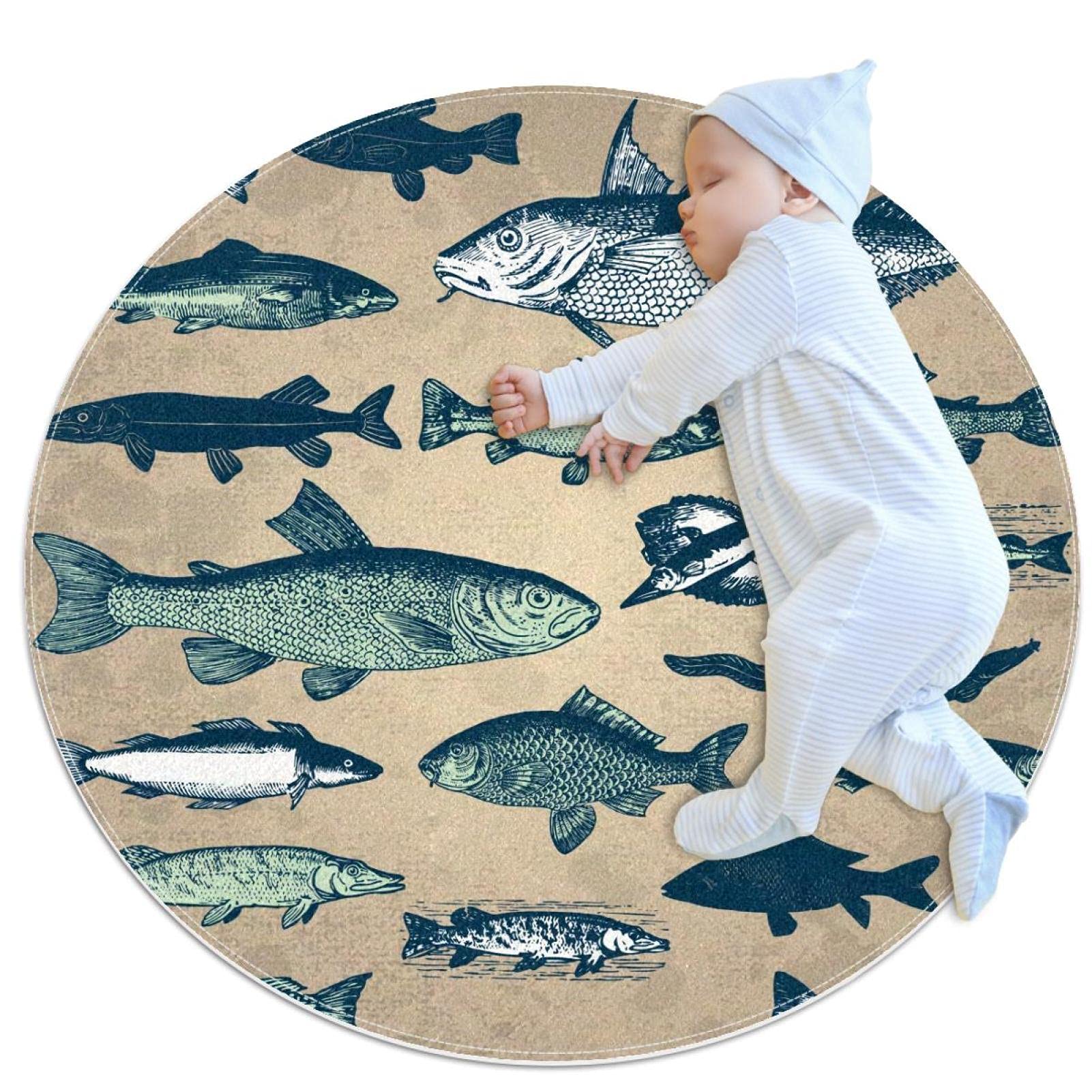 Tapis rond poisson vintage pour sol froid de chambre et buanderie