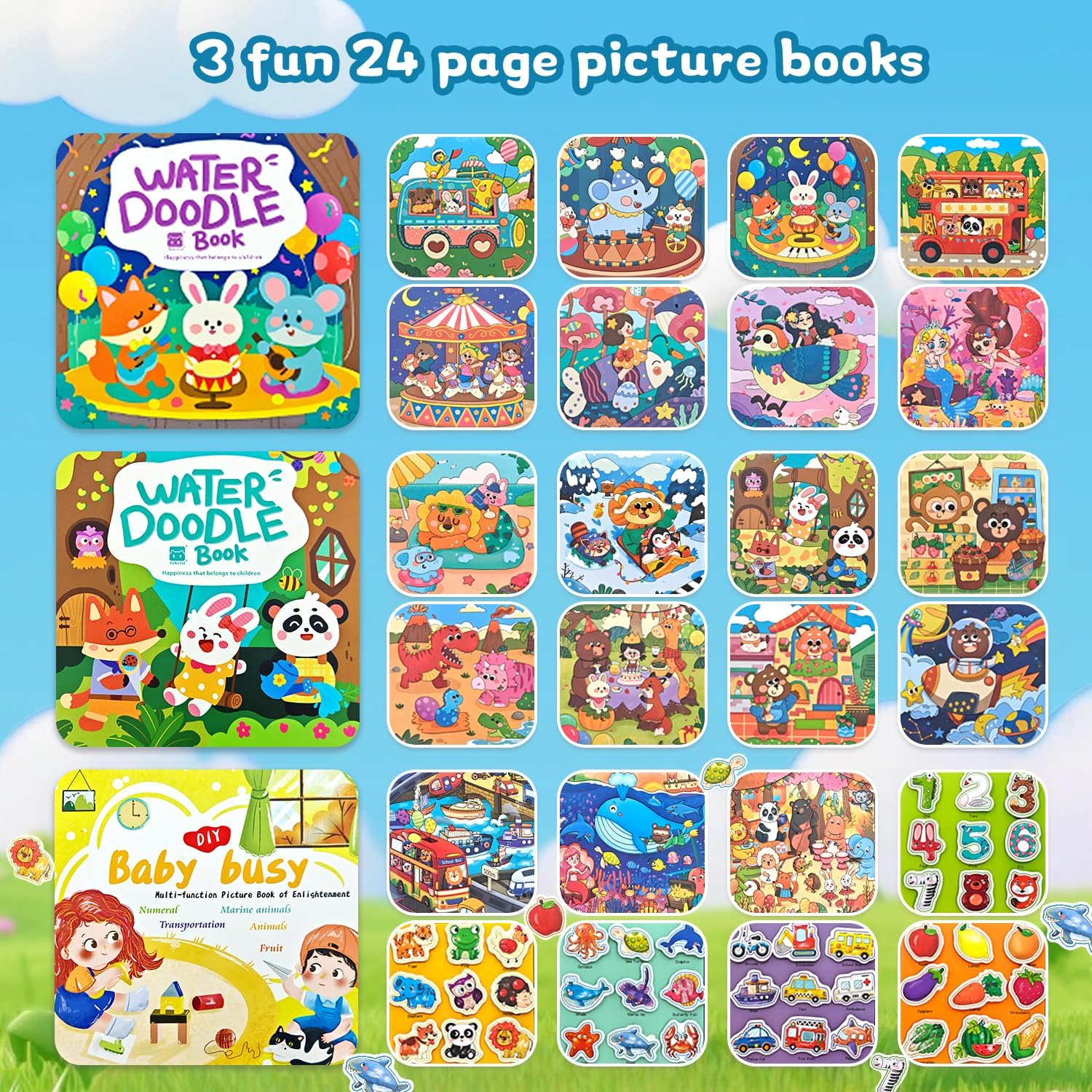 NaTuGi Reusable Magic Water Painting Books for Kids，Coloring Books for Toddler，3 Themes，No Mess Paint Coloring，for Ages 3+，Gift for Boys & Girls Travel Activity Toys (3 Books)