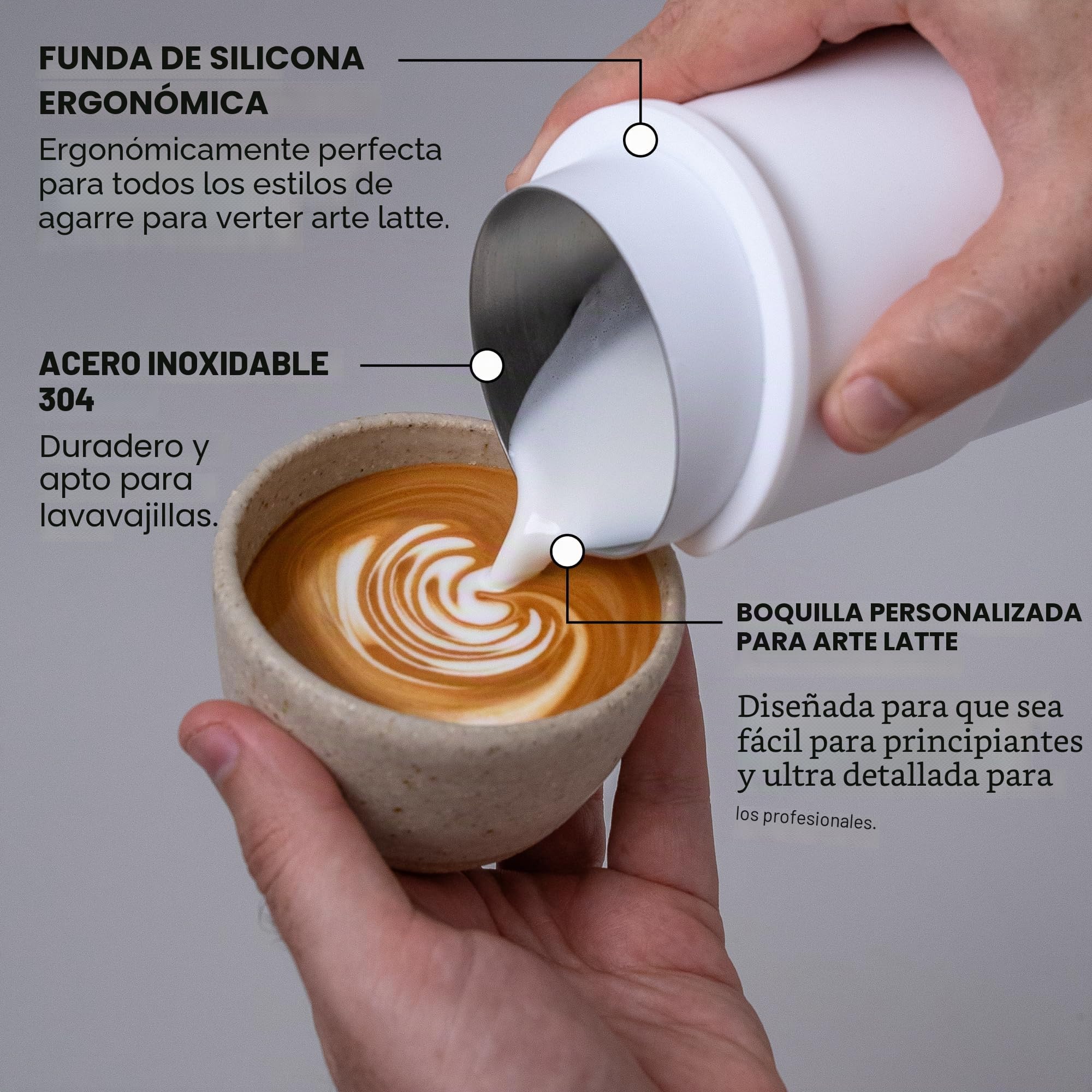 Subminimal FlowTip - Jarra sin manos para espumar leche para estufa, jarra de espuma para café estilo barista, jarra para verter capuchino y café con leche con mango resistente al calor, regalos para