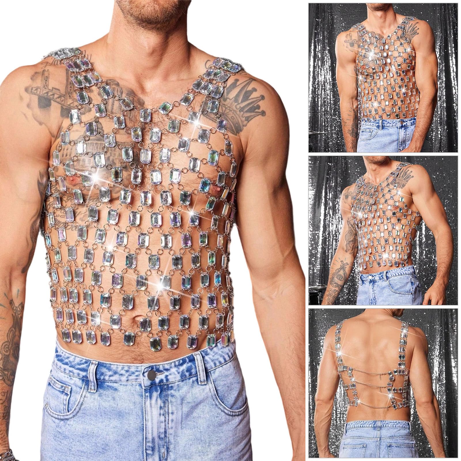 Gilet acrilico fatto a mano unico, abbigliamento casual traspirante per eventi musicali, uomo elegante, lingerie, costume, outfit da festival musicale alla