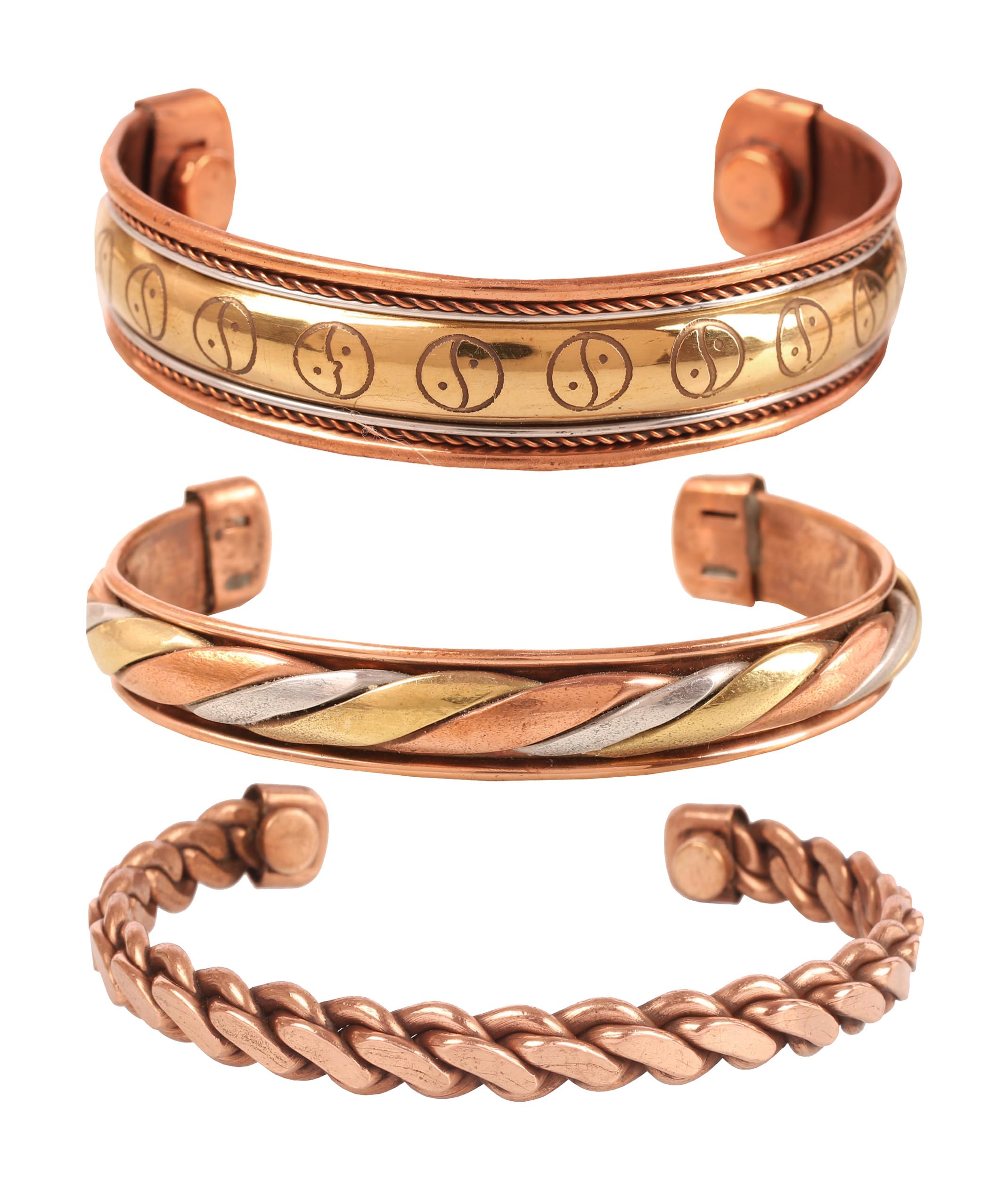 Touchstone Copper magnetic healing bracelet Tibetan style. Hand forged with solid and high gauge pure copper. Set of 3 different designs in 3 metals.