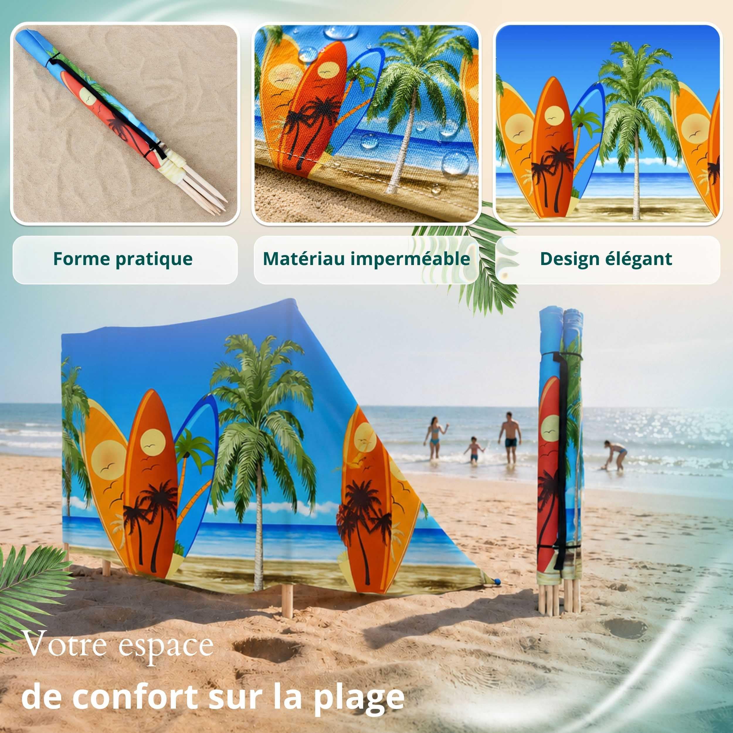 Paravent Plage Microfibres | Brise-Vent 80cm | Planche de Surf 6m | Résistant aux intempéries | Avec cordes | Fait main