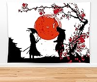 Vista 4 de feelacle Tapiz japonés de anime samurái, 80 x 60 pulgadas, diseño de flor de cerezo, estilo japonés, decoración de fiesta, decoración del hogar