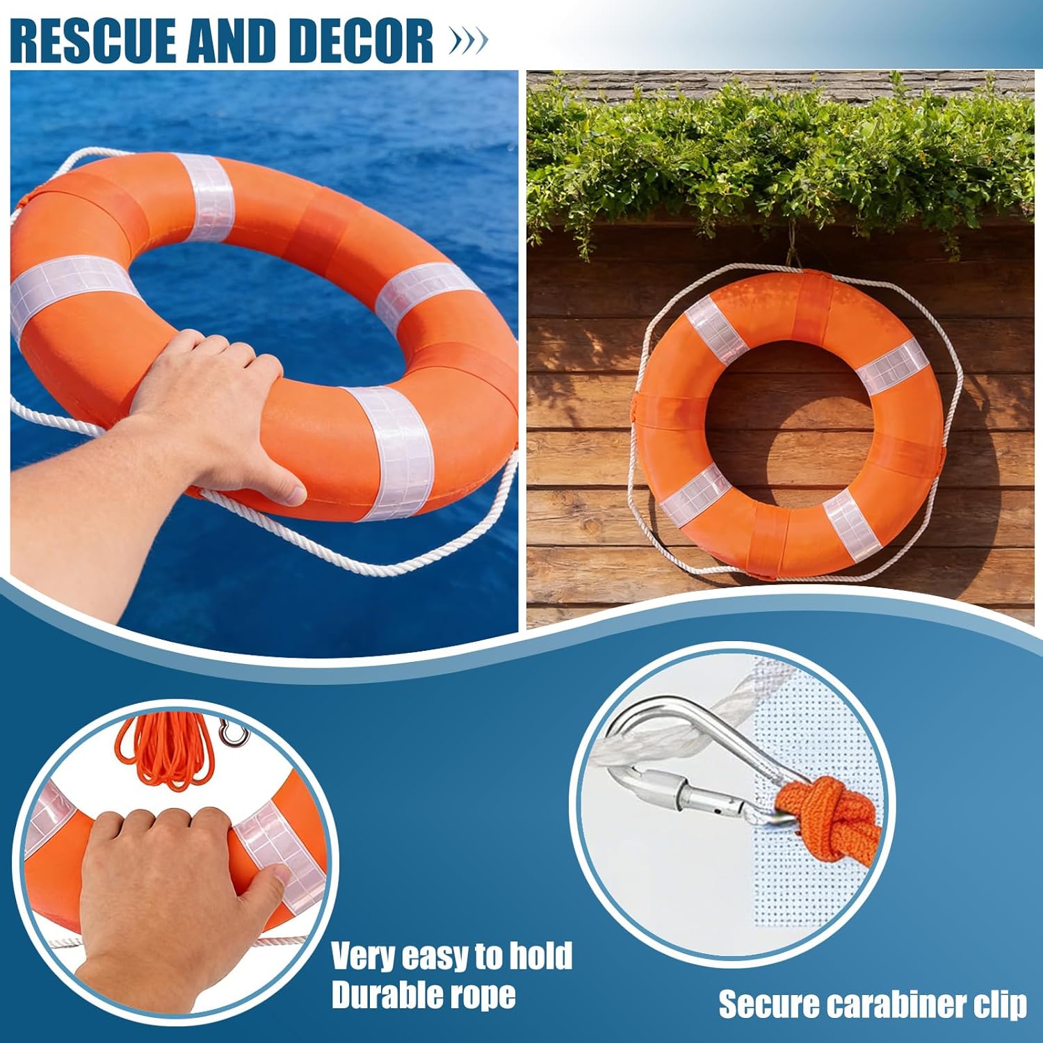 20 Inch Pool Safety Foam Life Preserver Throw Ring, Outdoor Throwable Flotation Device Boat Safety Equipment with 30 Meter Floating Lifesaving Rope, Safety Hook, Grip Ring and Reflective Tape