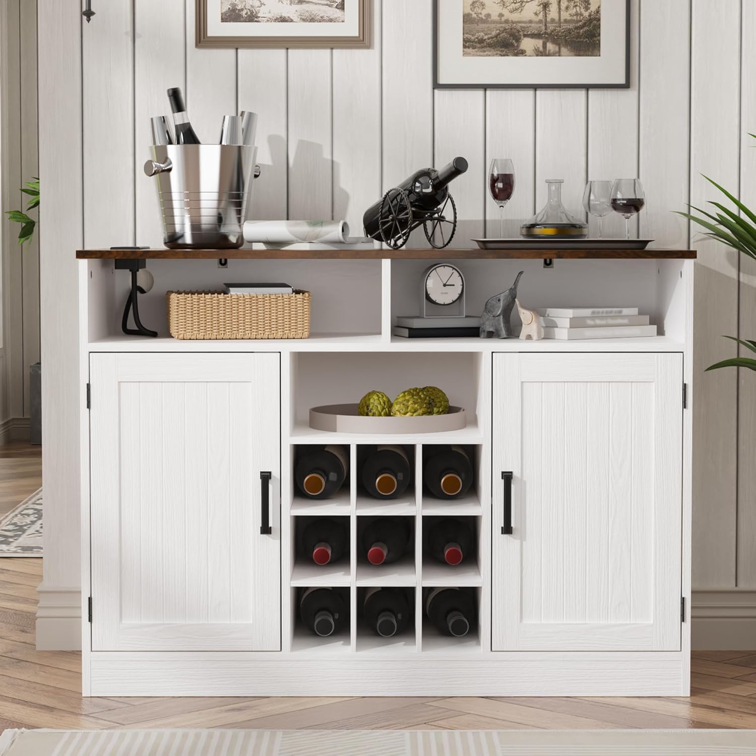 MHOM Farmhouse Buffet Cabinet with Prower Outlets, Rustic Sideboard Buffet with Wine Rack, Wooden Buffet Table for Dining Room, Antique White