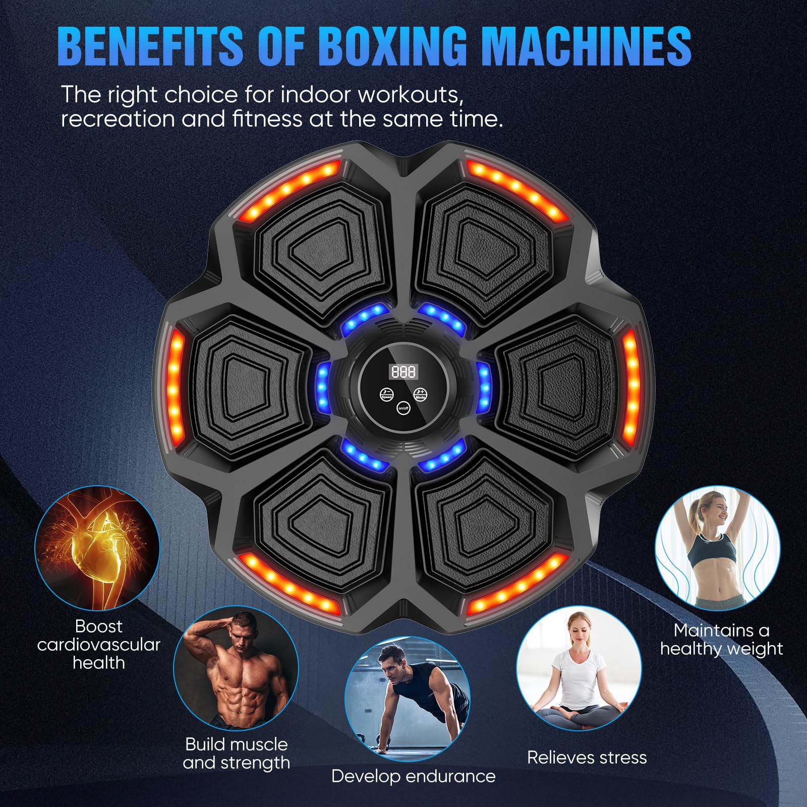 LeuKoles Muziekboksmachine met bluetooth, led-licht boxmachine met muziek met bokshandschoenen, elektronische boksmachine voor wandmontage met 9 snelheidsmodi en telmodus