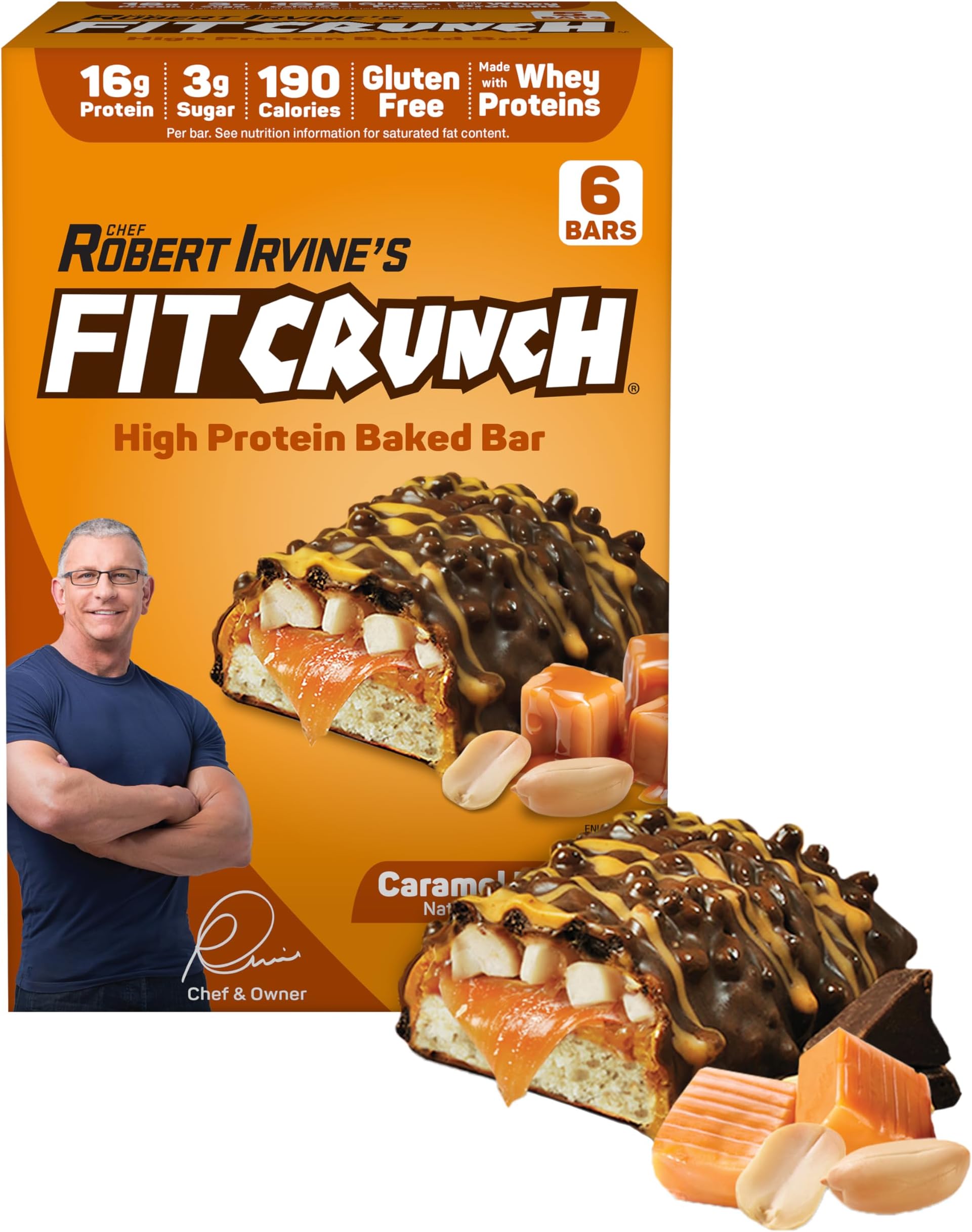 FITCRUNCH Snack Size Protein Bars, Designed by Robert Irvine, World’s Only 6-Layer Baked Bar, Just 3g of Sugar & Soft Cake Core (Caramel Peanut)