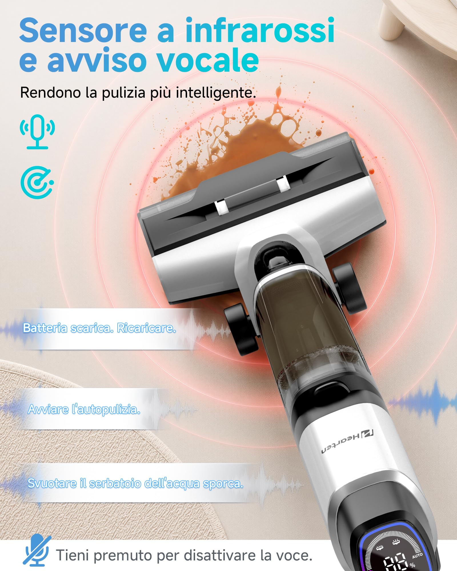 Hearten Aspirapolvere Lavapavimenti, 25kPa con Acqua elettrolizzata, Auto Pulizia, Autopropulsione, Guida Vocale, Anti-avvolgimento, Pulizia Bordi, Display LED, Motore Brushless, Basso Rumore