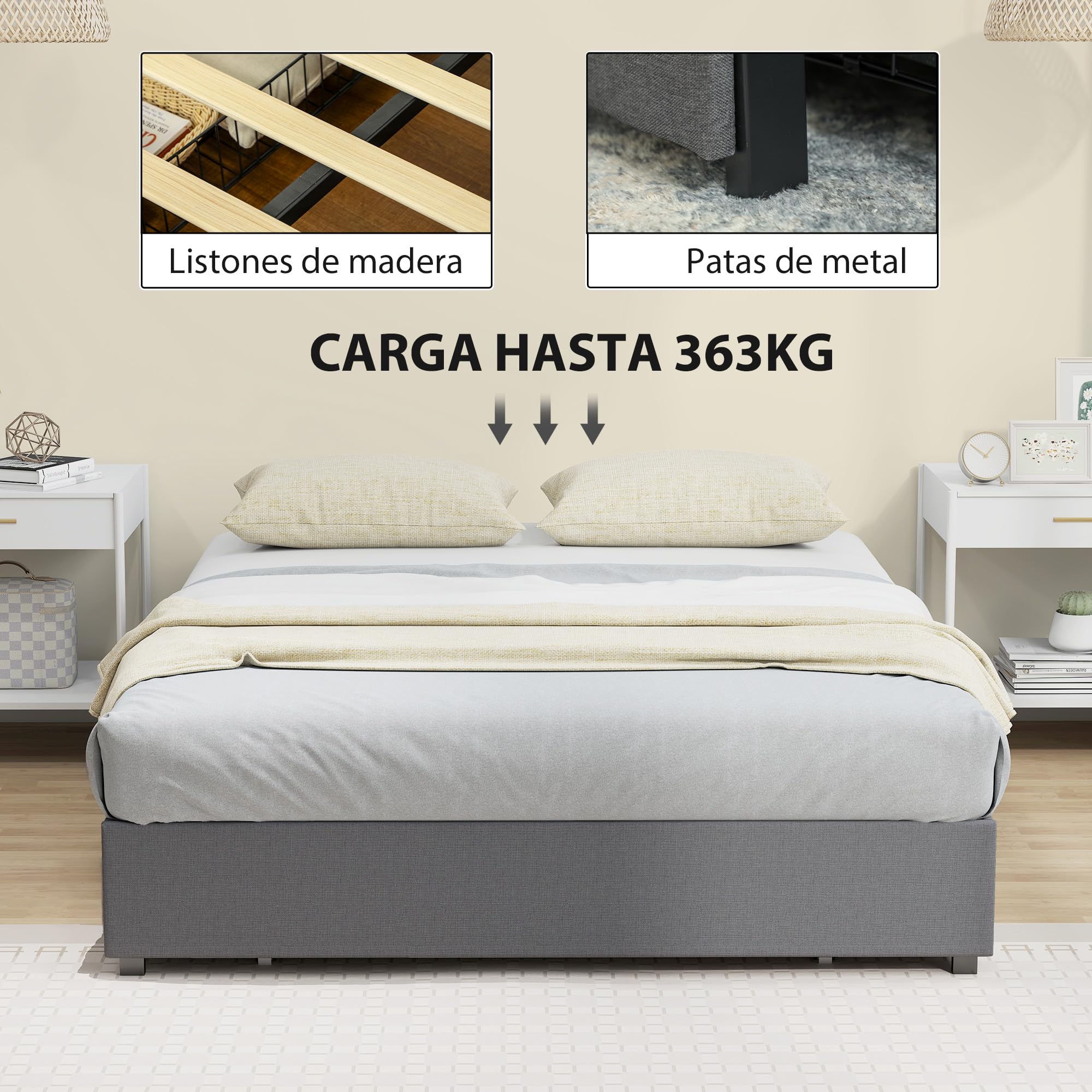 HOMCOM Cama Doble 140x190 cm Estructura de Cama Somier con 3 Cajones y Estructura de Metal Carga 363 kg Gris