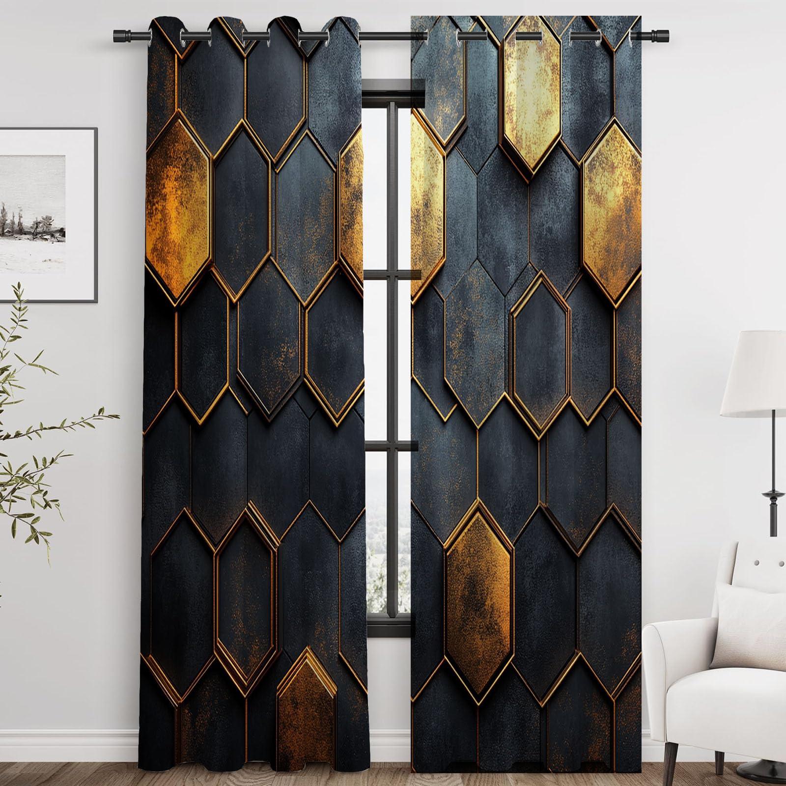 Verdunkelungsvorhänge Abstrakter, Modernes geometrisches Goldwabenmuster Moderne Kunstmalerei, Vorhang für Wohnzimmer, Schlafzimmer-H215 x B100 cm (2er Pack)