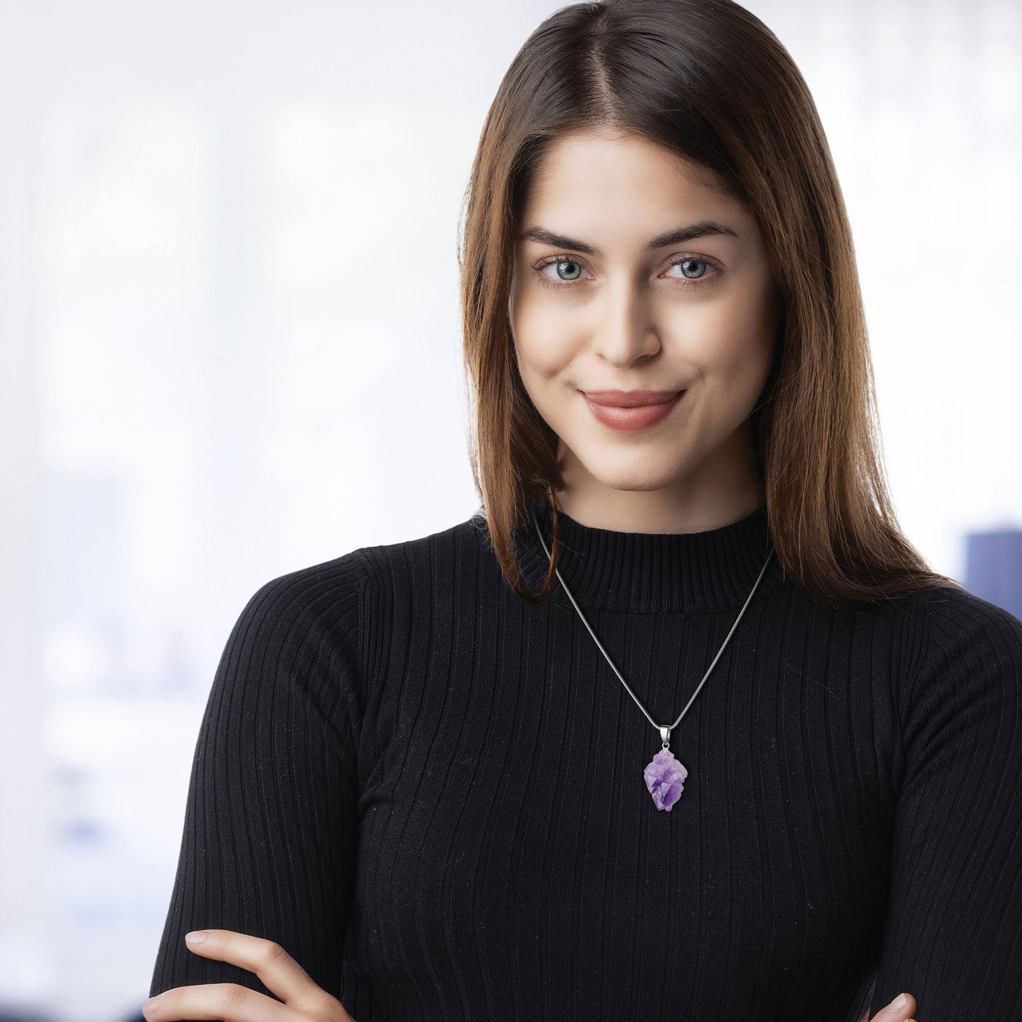 coai Collana da Donna in Acciaio Inox con Ciondolo di Ametista Grezza Naturale, Collana Ametista Grezza da Donna