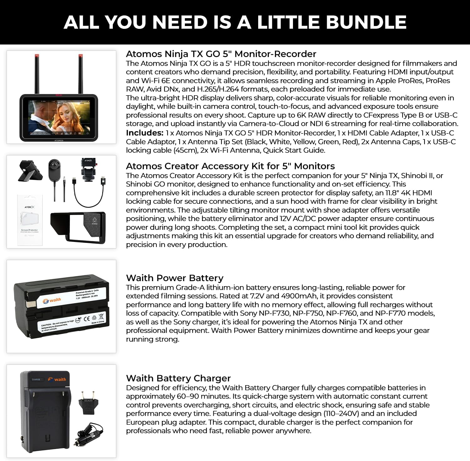 Atomos Ninja TX GO 5" Camera Monitor/Recorder, HDMI CFexpress Wi-Fi - HDR Resolution Touchscreen Display with Atomos Creator Accessory Kit and Power Battery, Single Charger - Advanced Bundle Kit