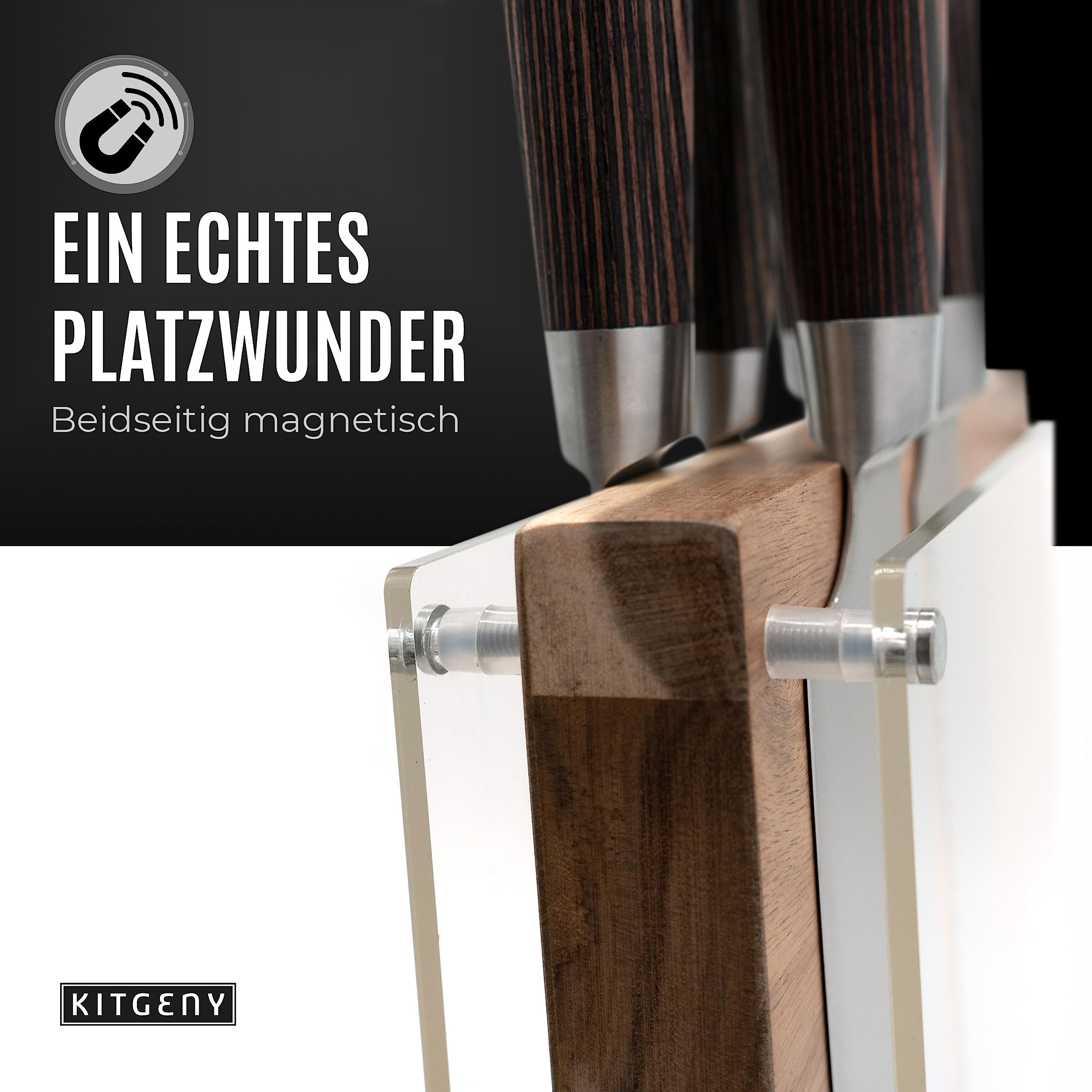 Soporte magnético para cuchillos de madera de acacia magnético – Soporte magnético para cuchillos con disco protector – negro y elegante bloque magnético por ambos lados (natural)