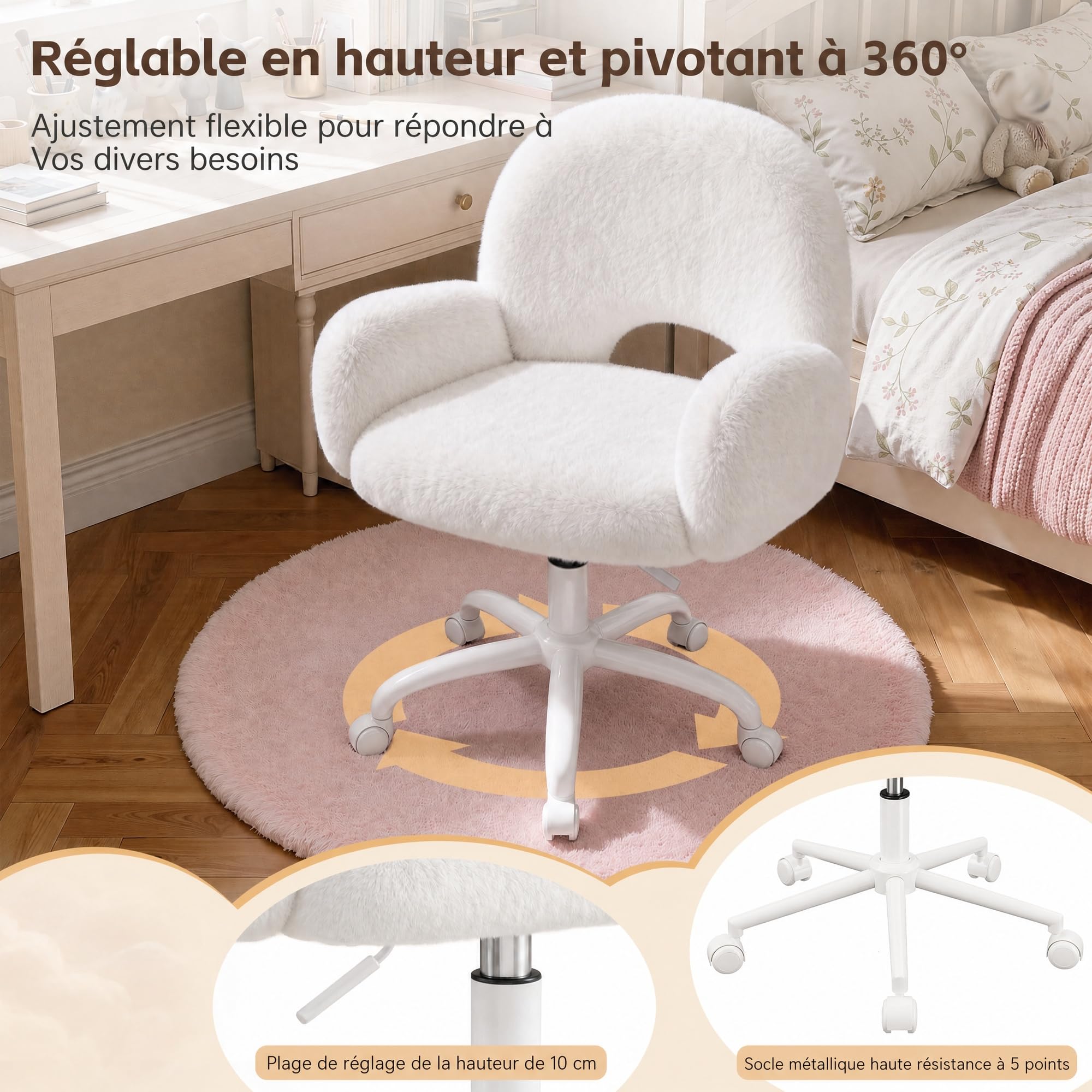 Chaise de Bureau Confortable, Fourrure Lapin Artificiel Douce Beige