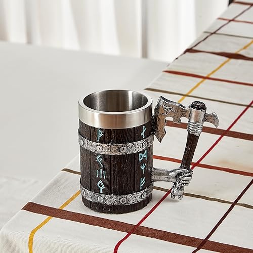 Miniatura 5 de Taza de madera de roble vikingo con inserto de acero inoxidable, 17 onzas  Norse Mythology Runes Beer Stein  Regalo para hombres
