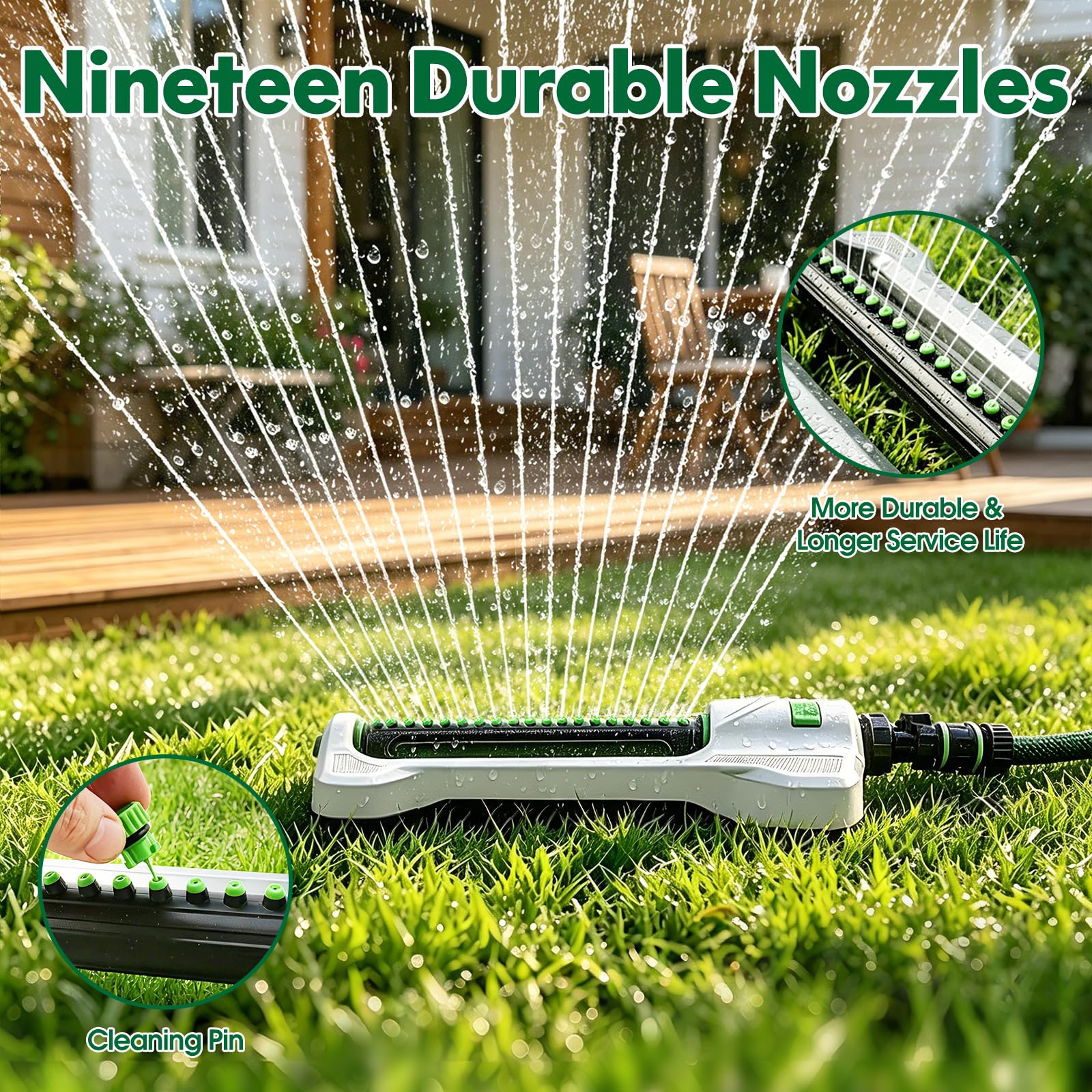 Aspersor oscilante resistente para patio, base de metal, 19 boquillas | Cubre hasta 4.400 pies cuadrados. Gama ajustable, control de flujo, con pasador de limpieza, jardín, patio