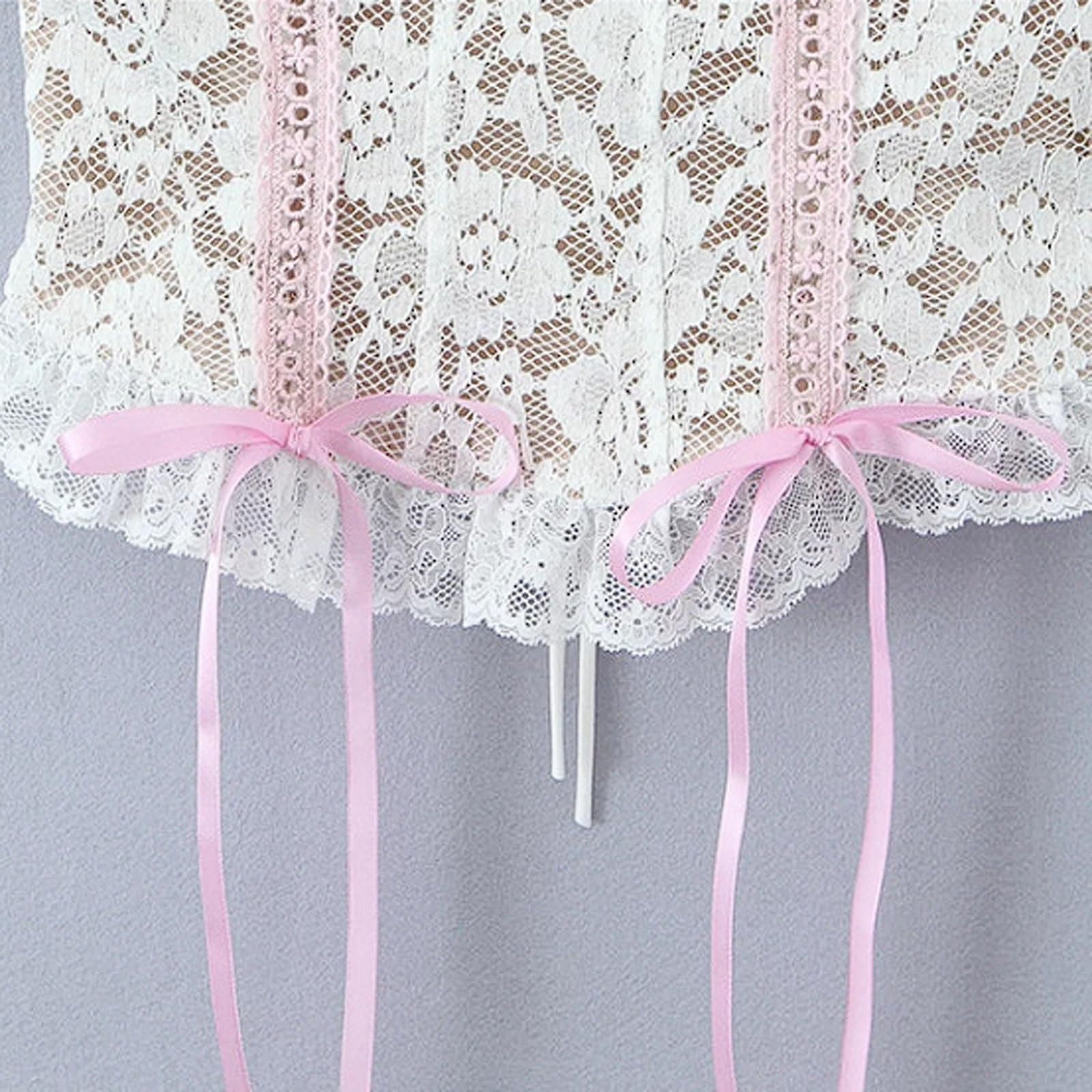 Top Halter con Adornos de Encaje, Lazo, Ojales y Detalles Amarre Camisola Ajustada sin Tirantes Dobladillo Irregular Blanco Cinta Rosa