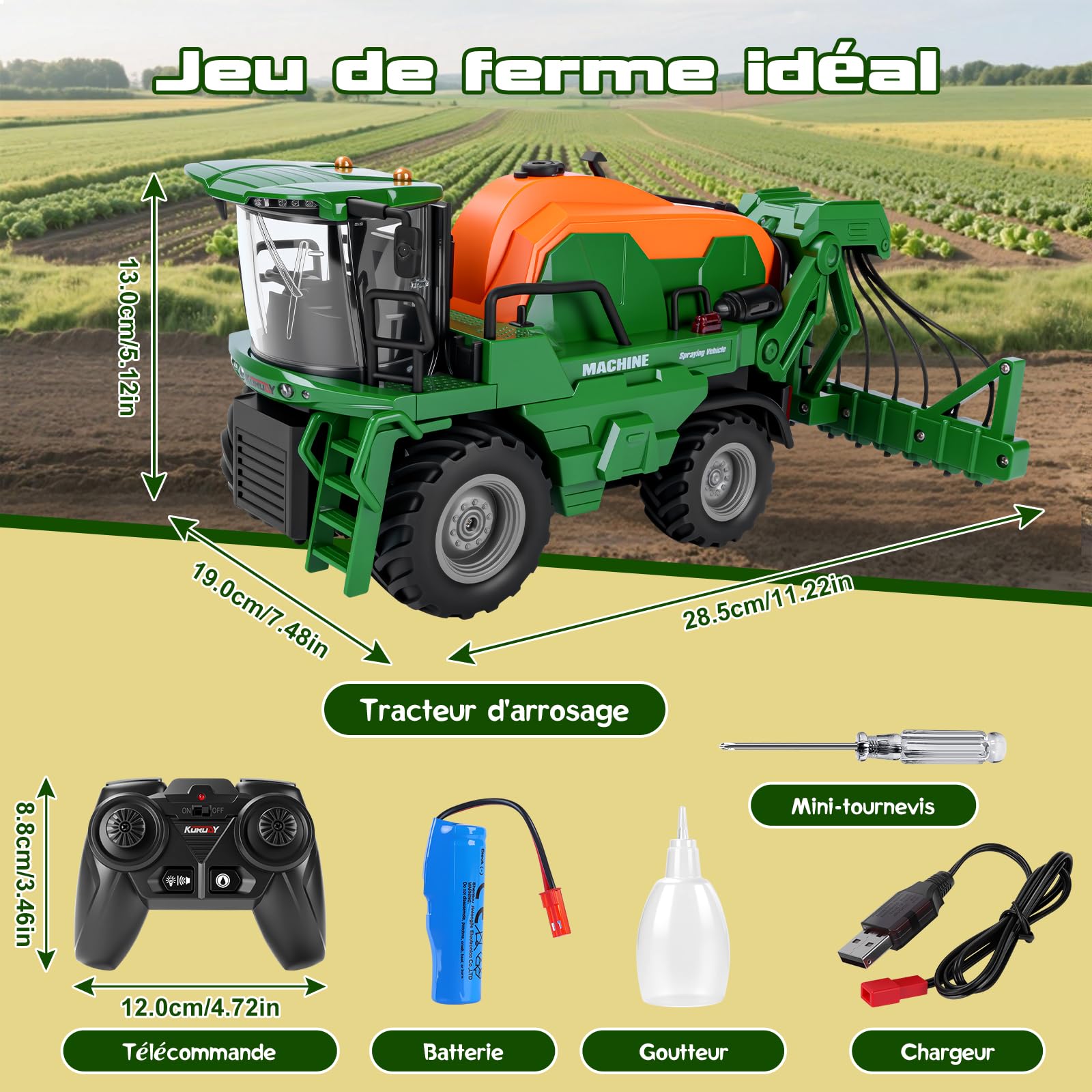 Ulikey Tracteur Enfant Télécommandé avec Irrigation, Jouet Ferme Voiture Télécommandé avec Lumière et Son pour 3-9 Ans Garçons Filles
