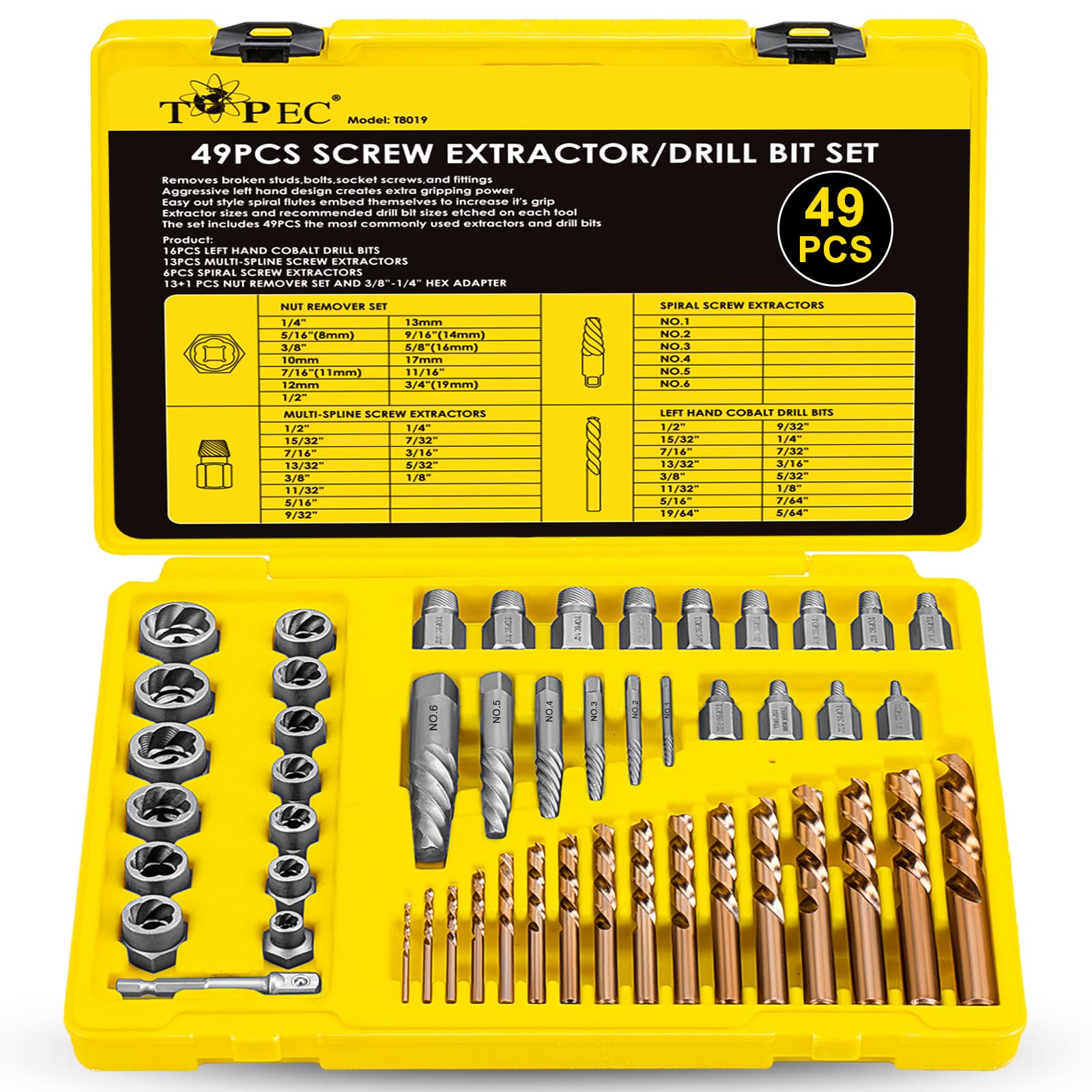 Topec 49pcs Screw Extractor/Drill Bit Set, Professional Remove Set for Removing Broken Studs, Bolts, Socket Screws and Fittings